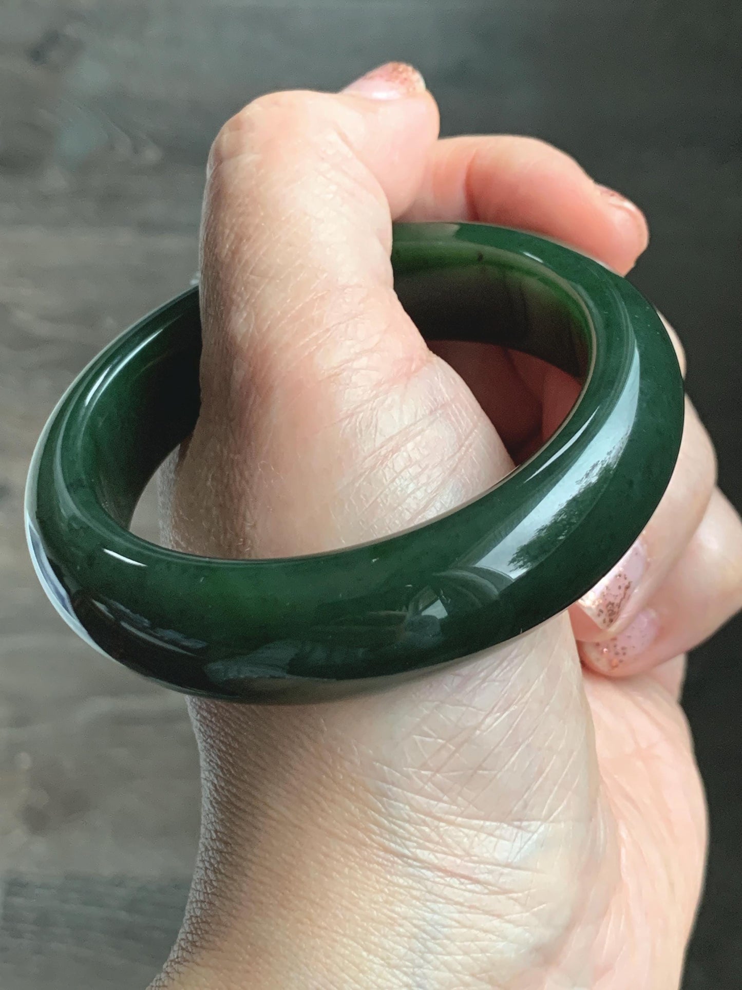 Certified Natural Nephrite Jade Translucent Dark Green Bangle Bracelet 53.94mm 6.66” 70g 天然和田玉菠菜绿轮胎宽手镯 146