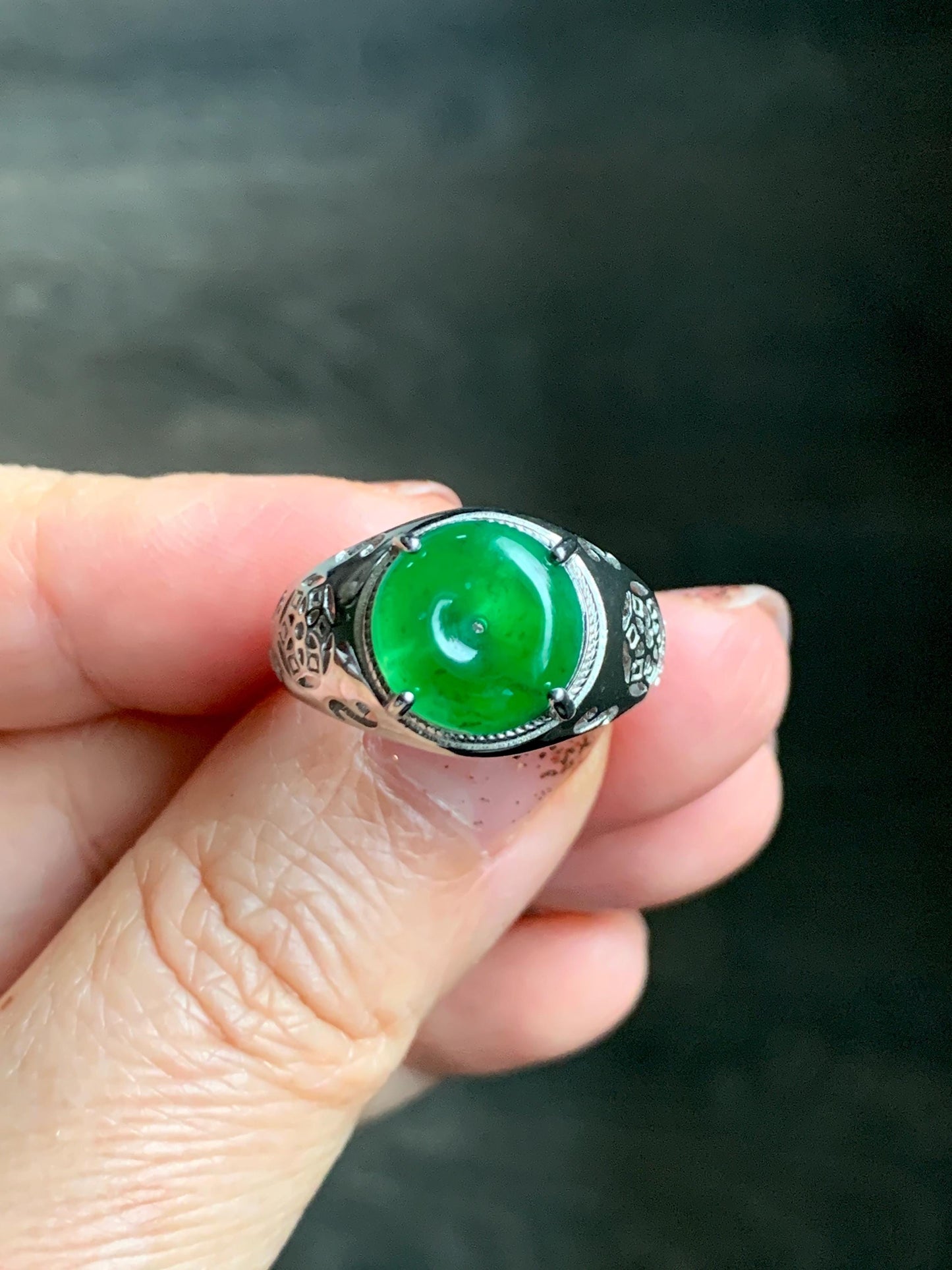 Natural Grade A Guatemalan Icy Vibrant Green Jade Jadeite Donut Ping An Kou Ring Sterling Silver Size 8.25 Adjustable 天然冰危绿翡翠平安扣银镶戒指 WLK165