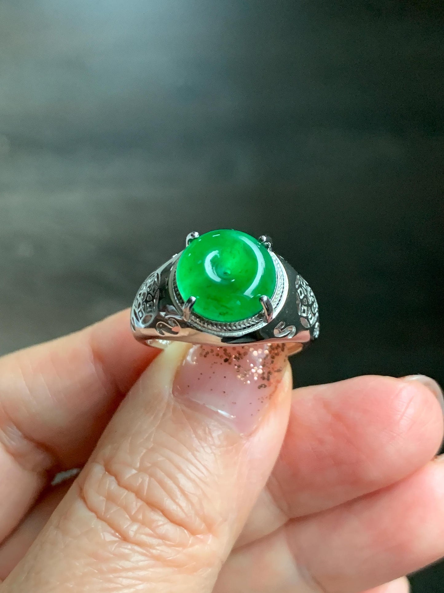 Natural Grade A Guatemalan Icy Vibrant Green Jade Jadeite Donut Ping An Kou Ring Sterling Silver Size 8.25 Adjustable 天然冰危绿翡翠平安扣银镶戒指 WLK165
