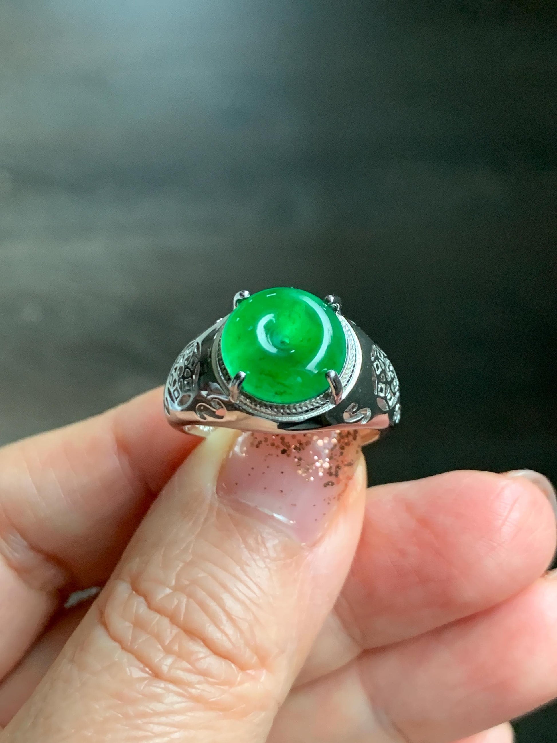 Natural Grade A Guatemalan Icy Vibrant Green Jade Jadeite Donut Ping An Kou Ring Sterling Silver Size 8.25 Adjustable 天然冰危绿翡翠平安扣银镶戒指 WLK165