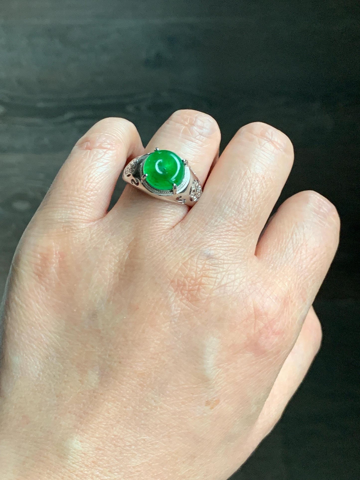 Natural Grade A Guatemalan Icy Vibrant Green Jade Jadeite Donut Ping An Kou Ring Sterling Silver Size 8.25 Adjustable 天然冰危绿翡翠平安扣银镶戒指 WLK165