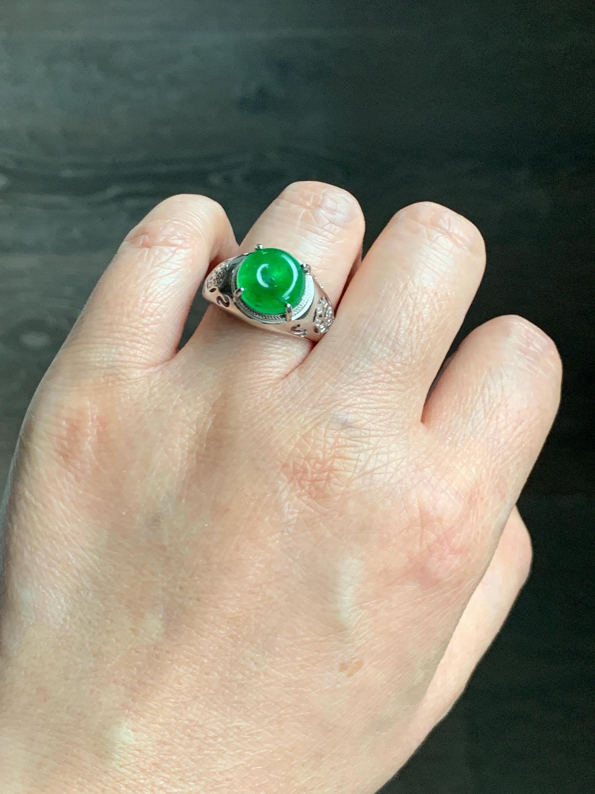 Natural Grade A Guatemalan Icy Vibrant Green Jade Jadeite Donut Ping An Kou Ring Sterling Silver Size 8.25 Adjustable 天然冰危绿翡翠平安扣银镶戒指 WLK165