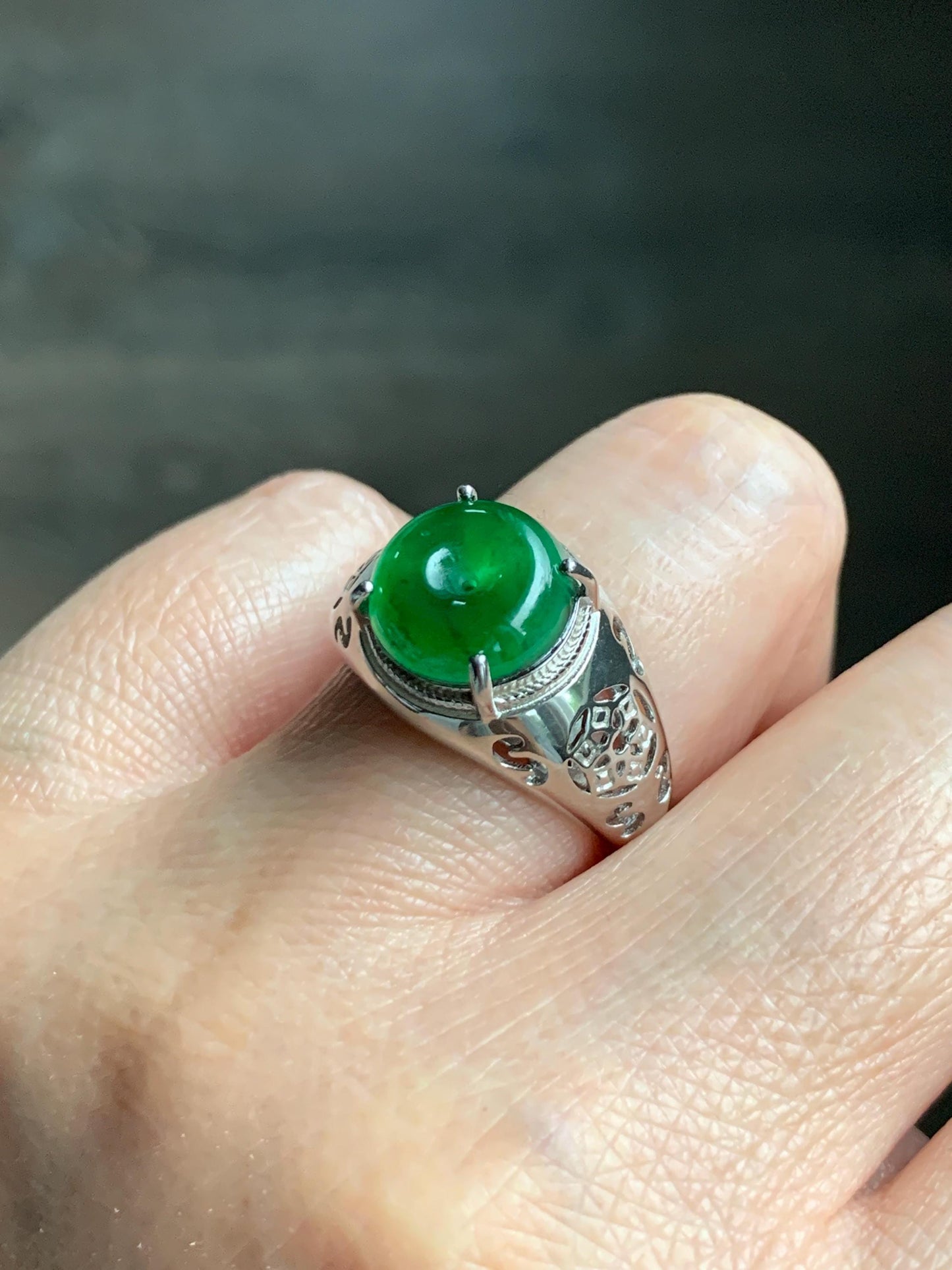 Natural Grade A Guatemalan Icy Vibrant Green Jade Jadeite Donut Ping An Kou Ring Sterling Silver Size 8.25 Adjustable 天然冰危绿翡翠平安扣银镶戒指 WLK165