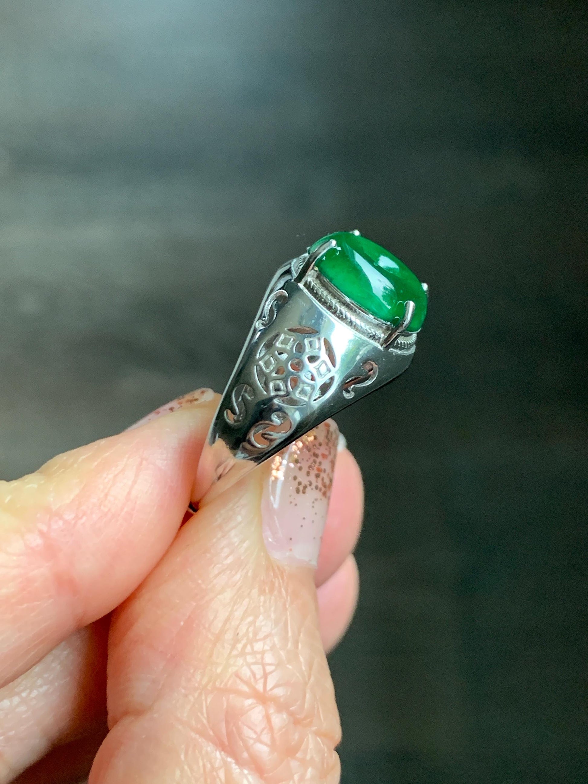 Natural Grade A Guatemalan Icy Vibrant Green Jade Jadeite Donut Ping An Kou Ring Sterling Silver Size 8.25 Adjustable 天然冰危绿翡翠平安扣银镶戒指 WLK165