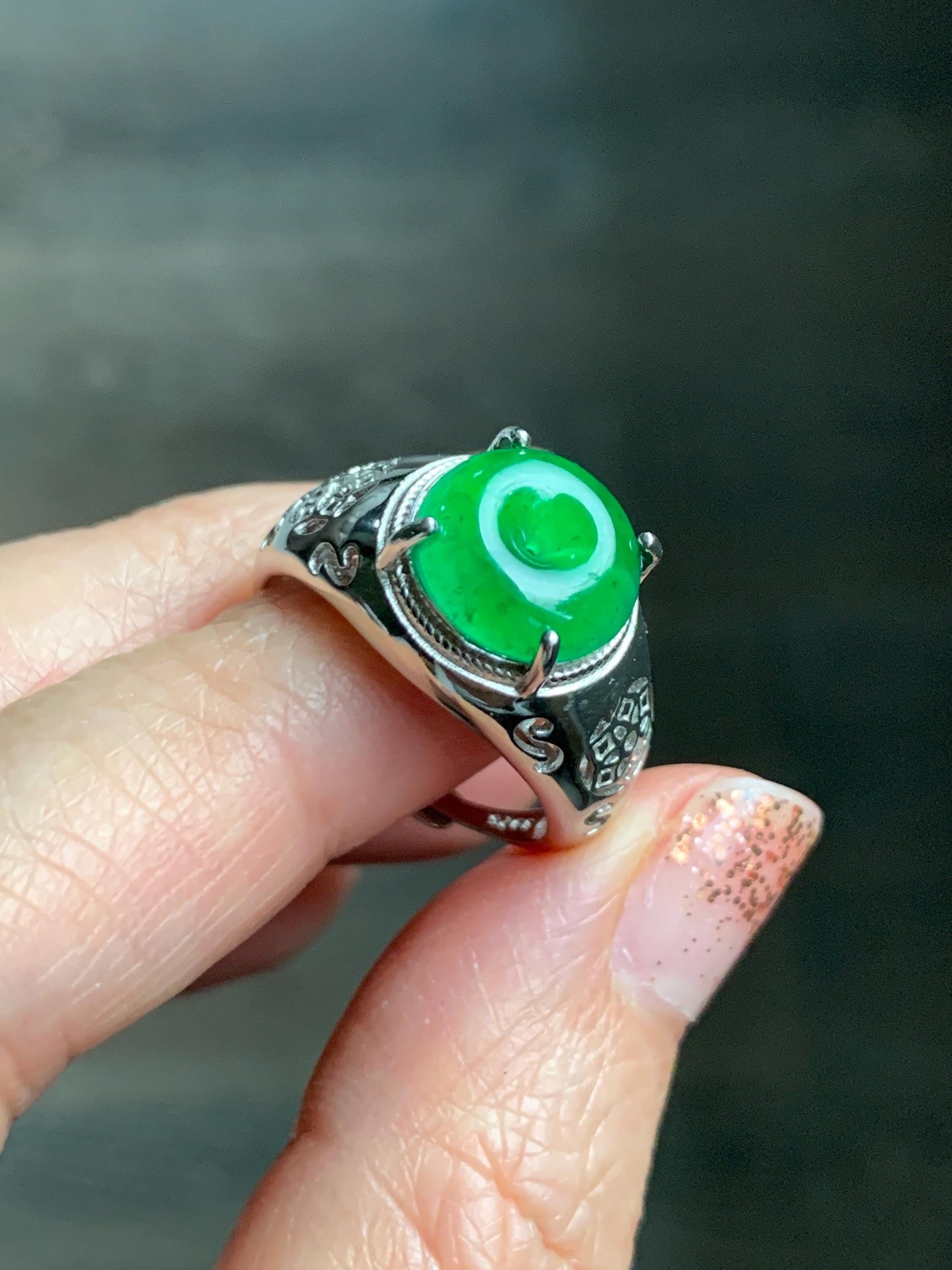 Natural Grade A Guatemalan Icy Vibrant Green Jade Jadeite Donut Ping An Kou Ring Sterling Silver Size 8.25 Adjustable 天然冰危绿翡翠平安扣银镶戒指 WLK165