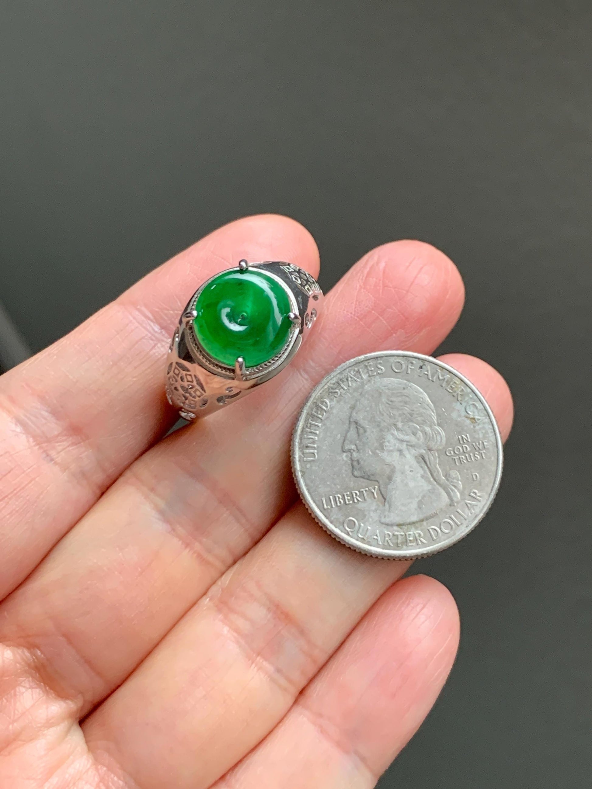 Natural Grade A Guatemalan Icy Vibrant Green Jade Jadeite Donut Ping An Kou Ring Sterling Silver Size 8.25 Adjustable 天然冰危绿翡翠平安扣银镶戒指 WLK165