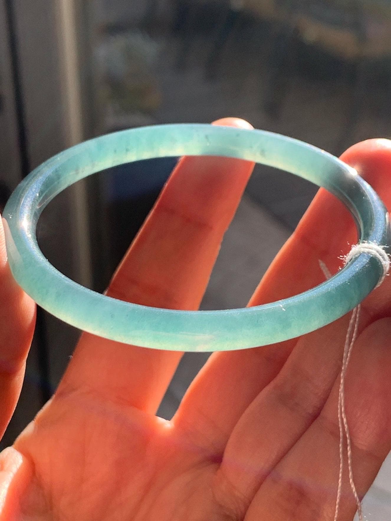 Certified Natural Grade A Guatemalan Icy Translucent Dusty Teal Green Jade Jadeite Slim Bangle Bracelet 55.34mm 6.84” 天然冰危晴蓝翡翠细圆条手镯 449