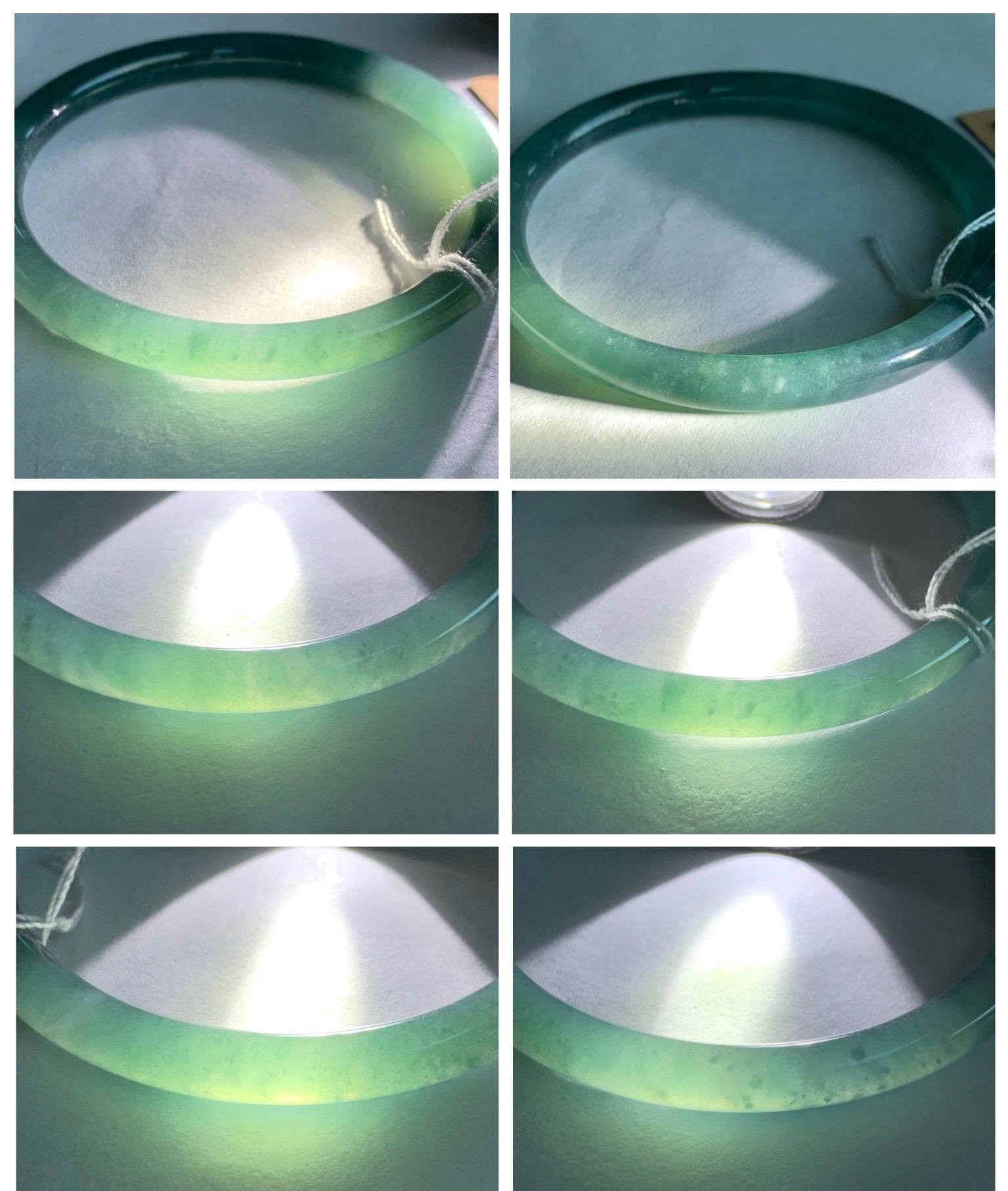 Certified Natural Grade A Guatemalan Icy Translucent Dusty Teal Green Jade Jadeite Slim Bangle Bracelet 55.34mm 6.84” 天然冰危晴蓝翡翠细圆条手镯 449