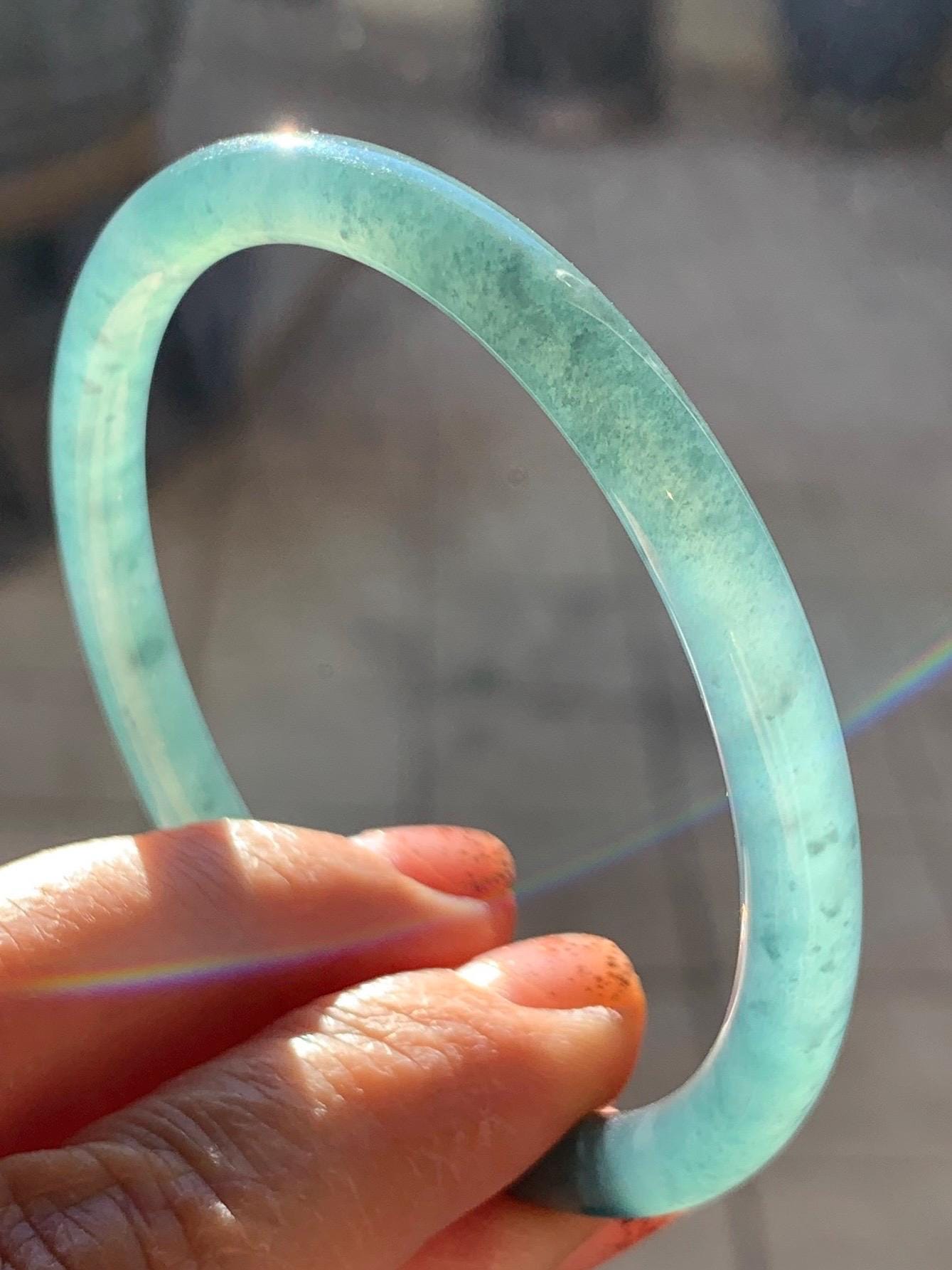 Certified Natural Grade A Guatemalan Icy Translucent Dusty Teal Green Jade Jadeite Slim Bangle Bracelet 55.34mm 6.84” 天然冰危晴蓝翡翠细圆条手镯 449