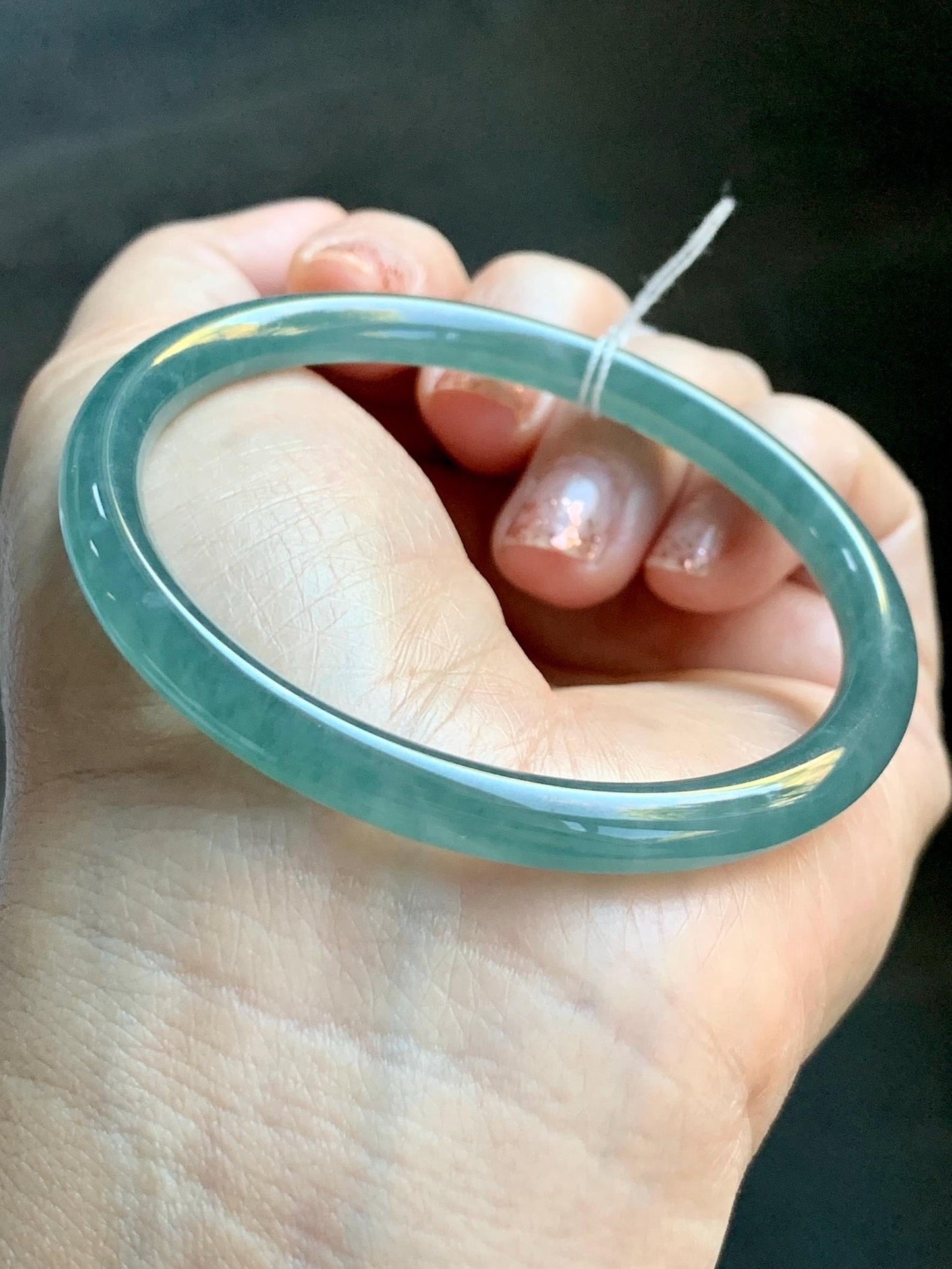 Certified Natural Grade A Guatemalan Icy Translucent Dusty Teal Green Jade Jadeite Slim Bangle Bracelet 55.34mm 6.84” 天然冰危晴蓝翡翠细圆条手镯 449