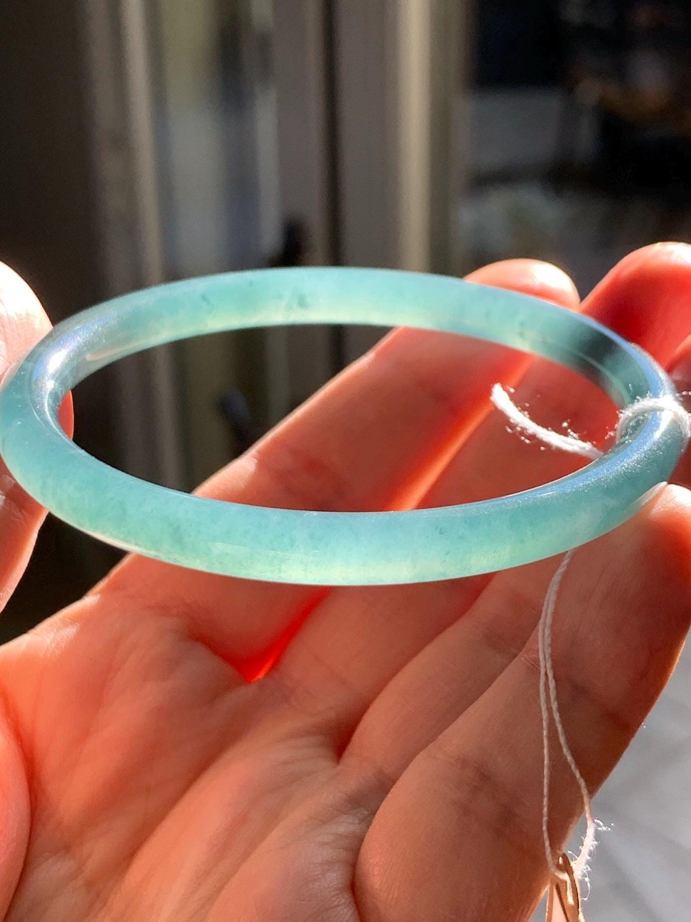 Certified Natural Grade A Guatemalan Icy Translucent Dusty Teal Green Jade Jadeite Slim Bangle Bracelet 55.34mm 6.84” 天然冰危晴蓝翡翠细圆条手镯 449