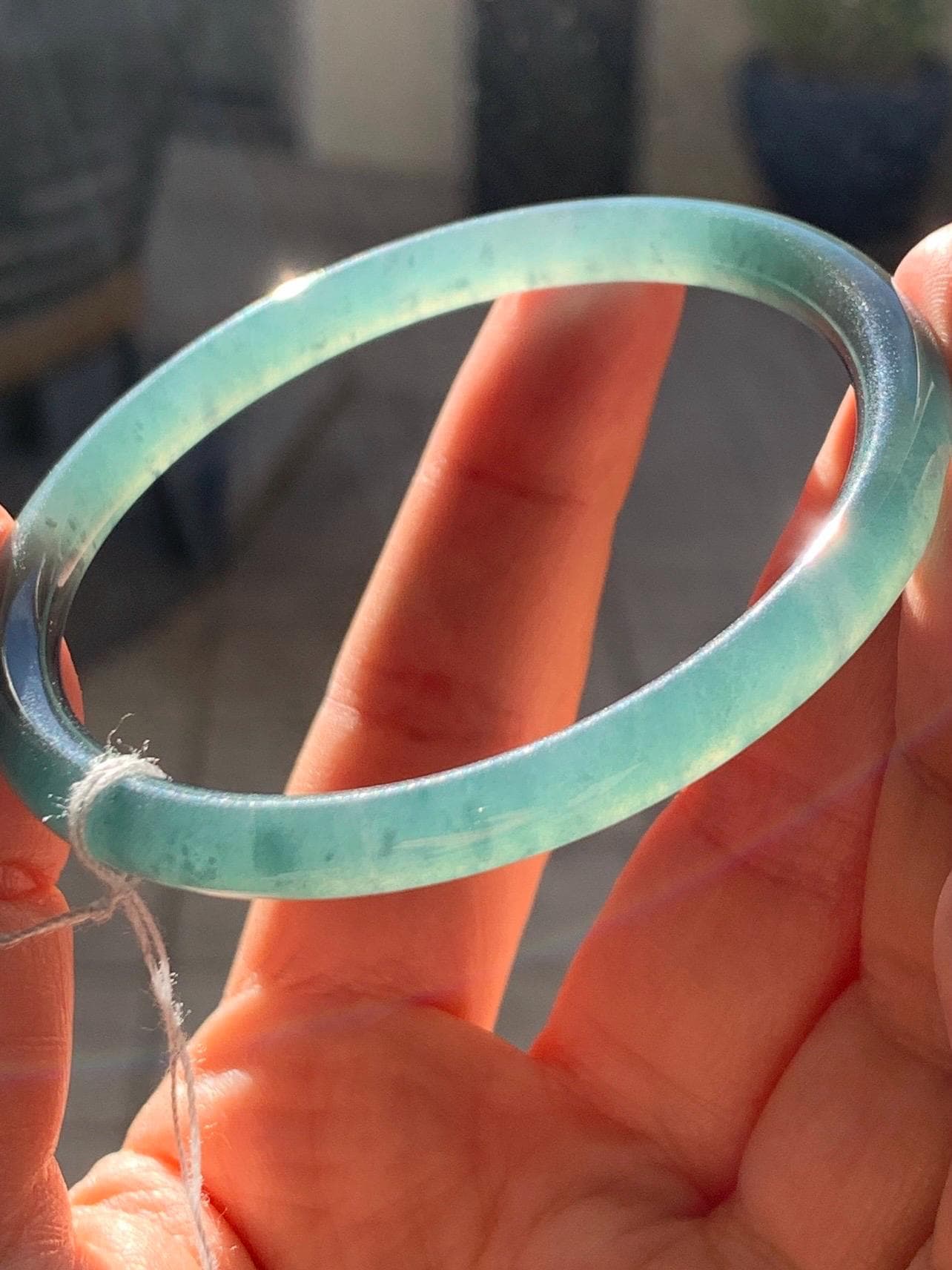 Certified Natural Grade A Guatemalan Icy Translucent Dusty Teal Green Jade Jadeite Slim Bangle Bracelet 55.34mm 6.84” 天然冰危晴蓝翡翠细圆条手镯 449