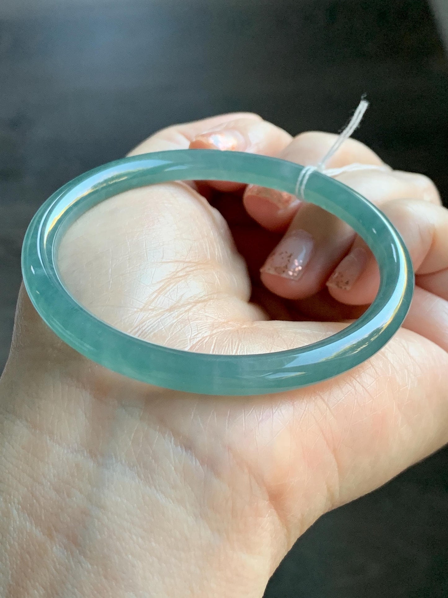 Certified Natural Grade A Guatemalan Icy Translucent Dusty Teal Green Jade Jadeite Slim Bangle Bracelet 55.34mm 6.84” 天然冰危晴蓝翡翠细圆条手镯 449