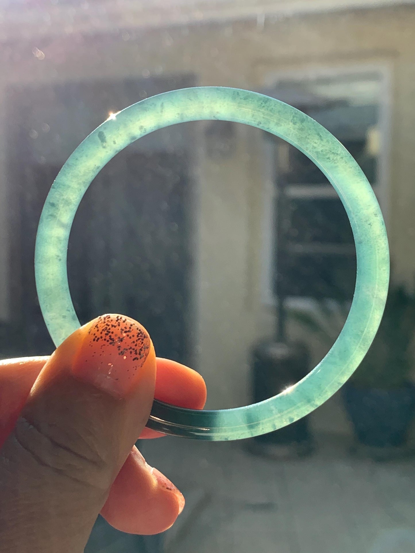 Certified Natural Grade A Guatemalan Icy Translucent Dusty Teal Green Jade Jadeite Slim Bangle Bracelet 55.34mm 6.84” 天然冰危晴蓝翡翠细圆条手镯 449
