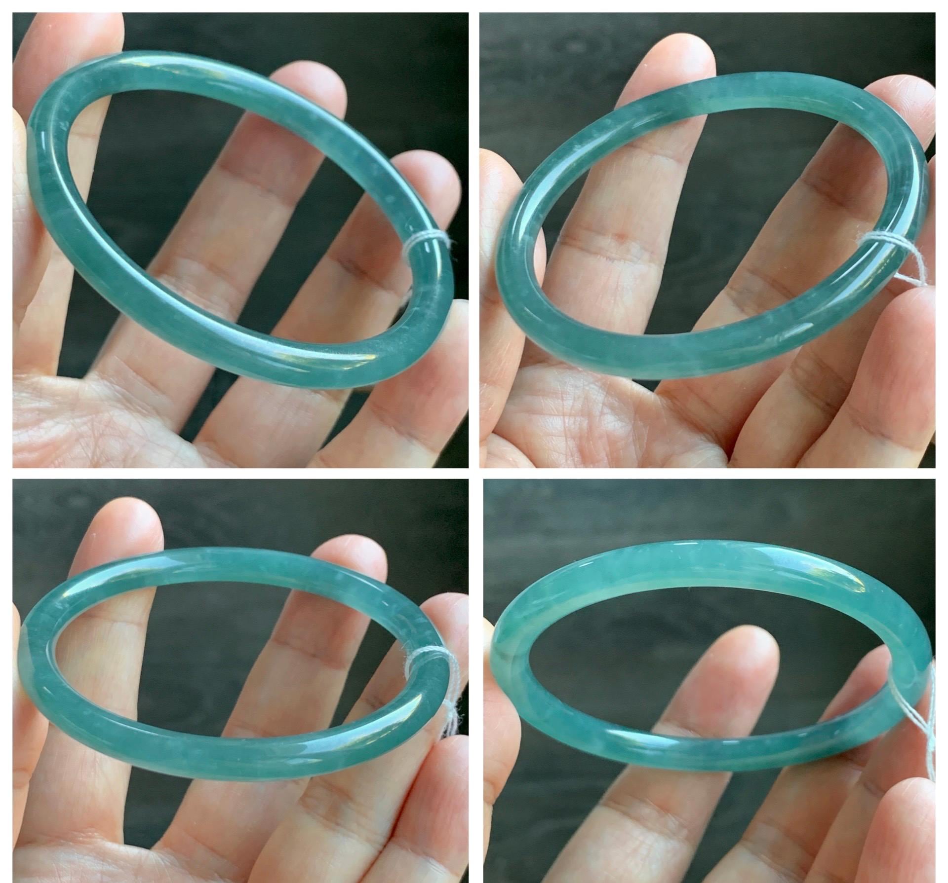 Certified Natural Grade A Guatemalan Icy Translucent Dusty Teal Green Jade Jadeite Slim Bangle Bracelet 55.34mm 6.84” 天然冰危晴蓝翡翠细圆条手镯 449