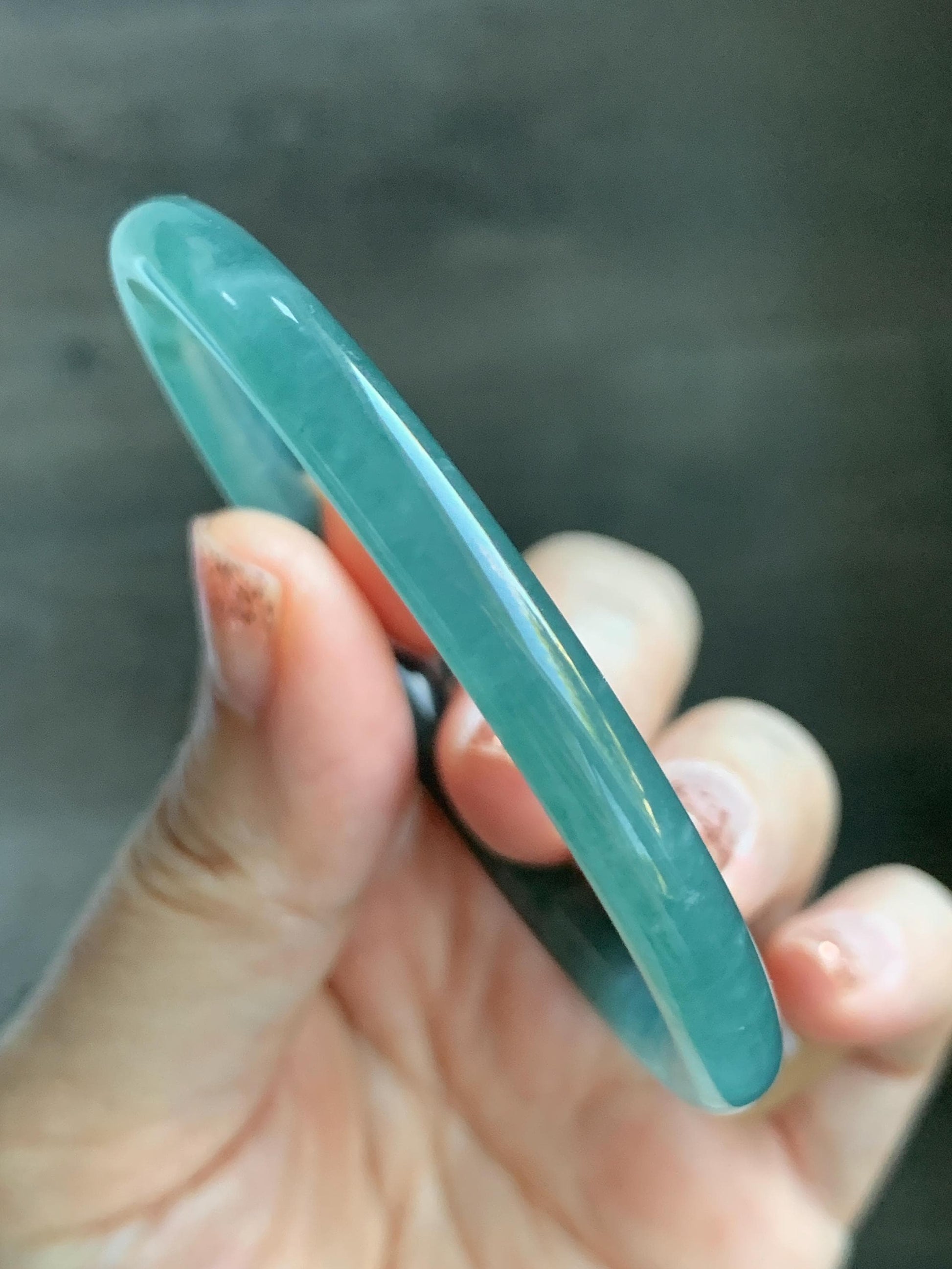 Certified Natural Grade A Guatemalan Icy Translucent Dusty Teal Green Jade Jadeite Slim Bangle Bracelet 55.34mm 6.84” 天然冰危晴蓝翡翠细圆条手镯 449