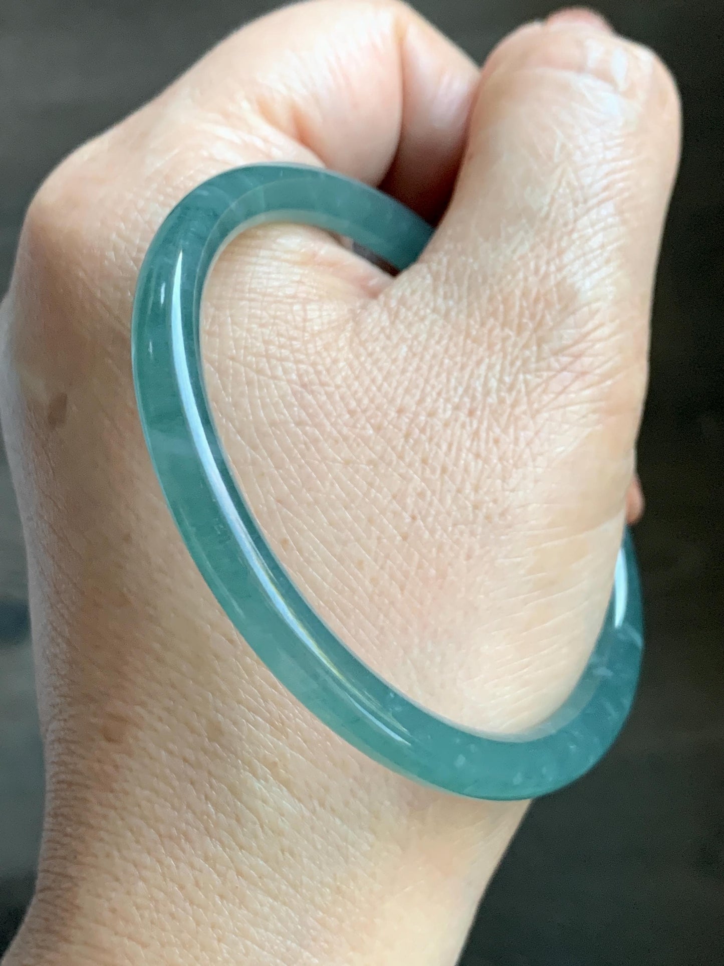 Certified Natural Grade A Guatemalan Icy Translucent Dusty Teal Green Jade Jadeite Slim Bangle Bracelet 55.34mm 6.84” 天然冰危晴蓝翡翠细圆条手镯 449