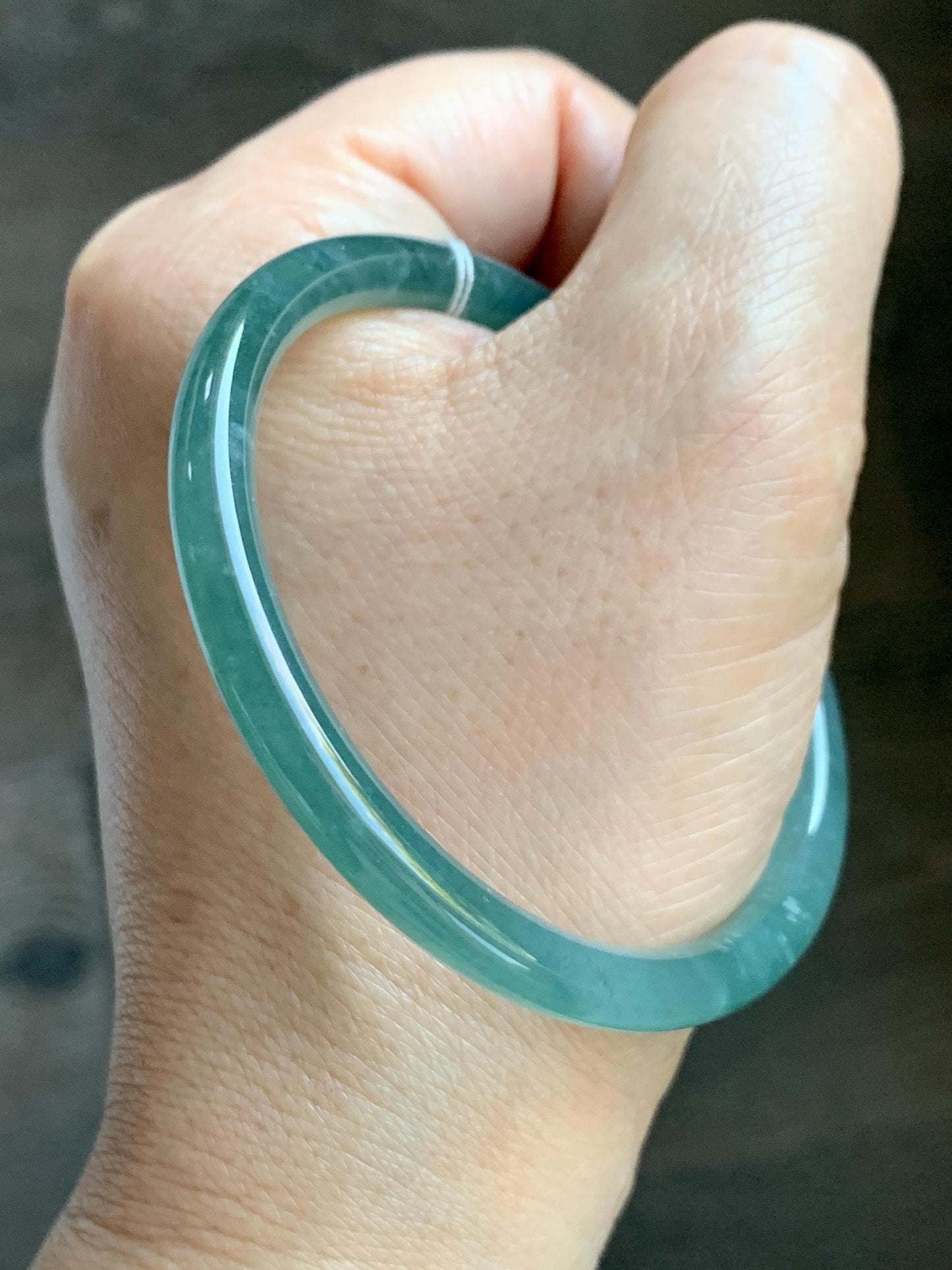 Certified Natural Grade A Guatemalan Icy Translucent Dusty Teal Blue Jade Jadeite Slim Bangle Bracelet 54.93mm 6.79” 天然冰危晴蓝翡翠细圆条手镯 473