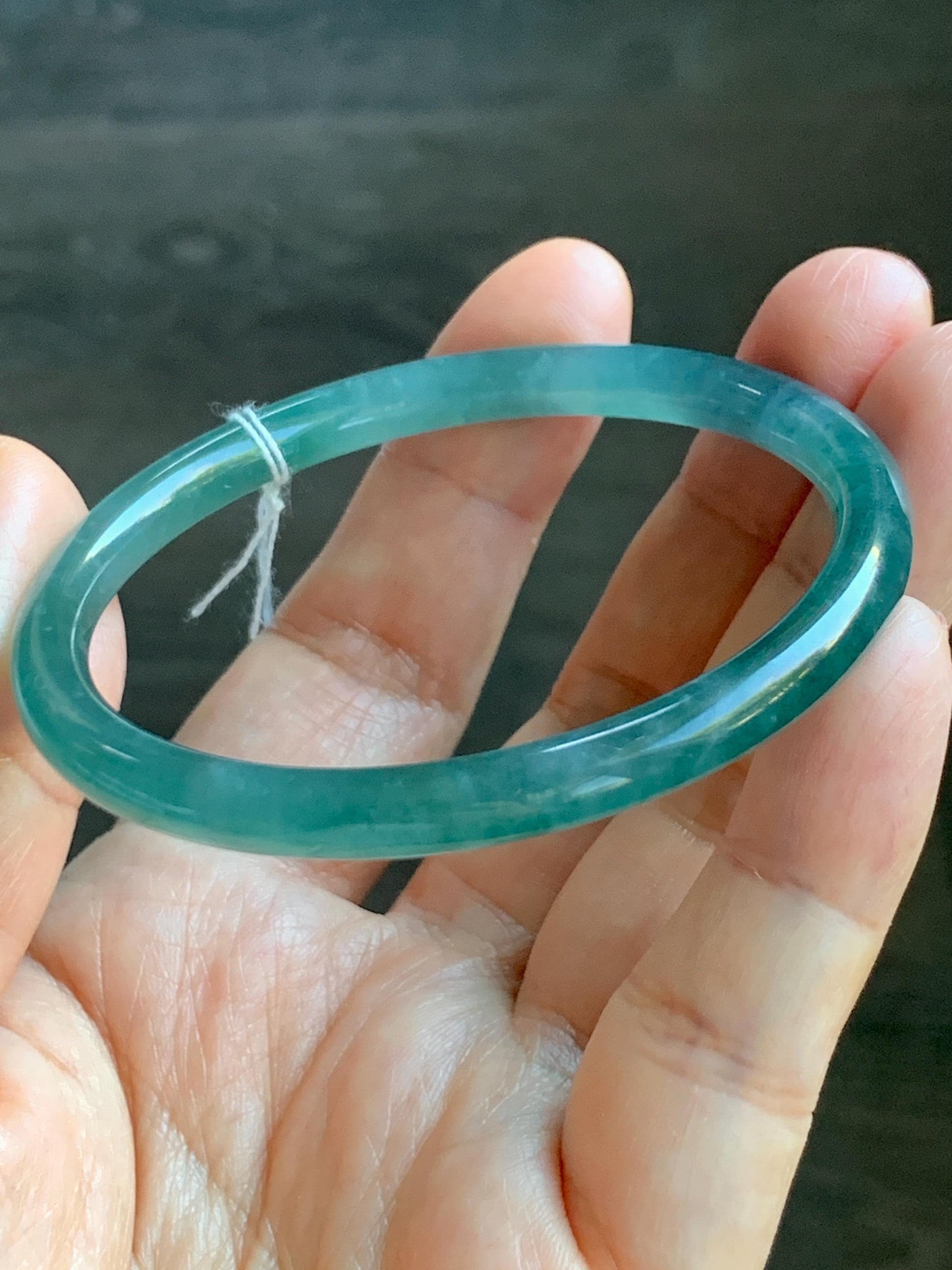 Certified Natural Grade A Guatemalan Icy Translucent Dusty Teal Blue Jade Jadeite Slim Bangle Bracelet 54.93mm 6.79” 天然冰危晴蓝翡翠细圆条手镯 473