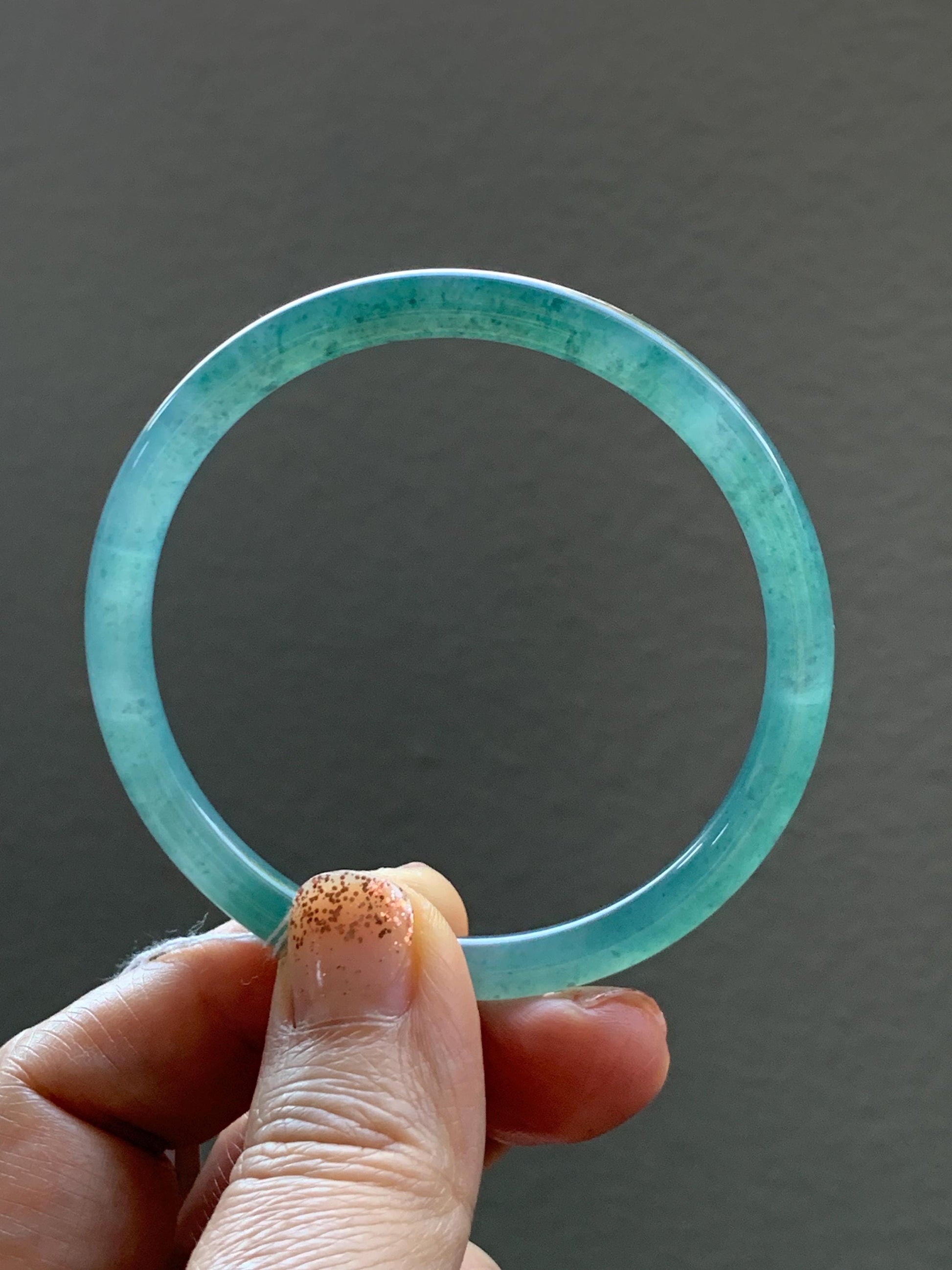 Certified Natural Grade A Guatemalan Icy Translucent Dusty Teal Blue Jade Jadeite Slim Bangle Bracelet 54.93mm 6.79” 天然冰危晴蓝翡翠细圆条手镯 473