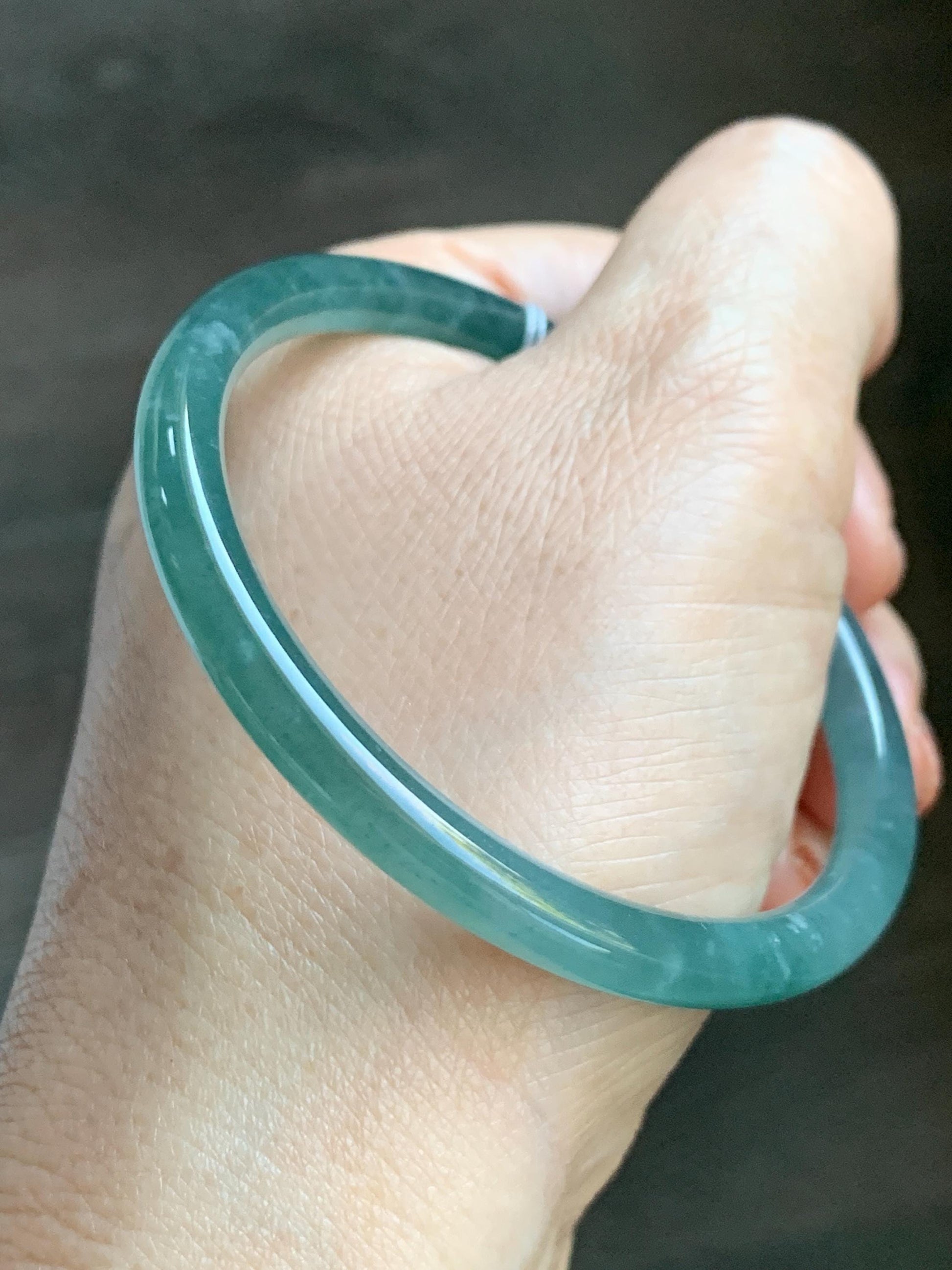 Certified Natural Grade A Guatemalan Icy Translucent Dusty Teal Blue Jade Jadeite Slim Bangle Bracelet 54.93mm 6.79” 天然冰危晴蓝翡翠细圆条手镯 473