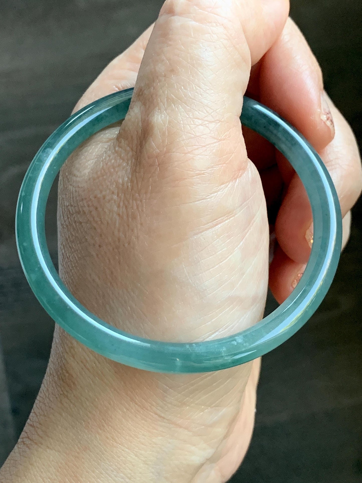 Certified Natural Grade A Guatemalan Icy Translucent Dusty Teal Blue Jade Jadeite Slim Bangle Bracelet 54.93mm 6.79” 天然冰危晴蓝翡翠细圆条手镯 473