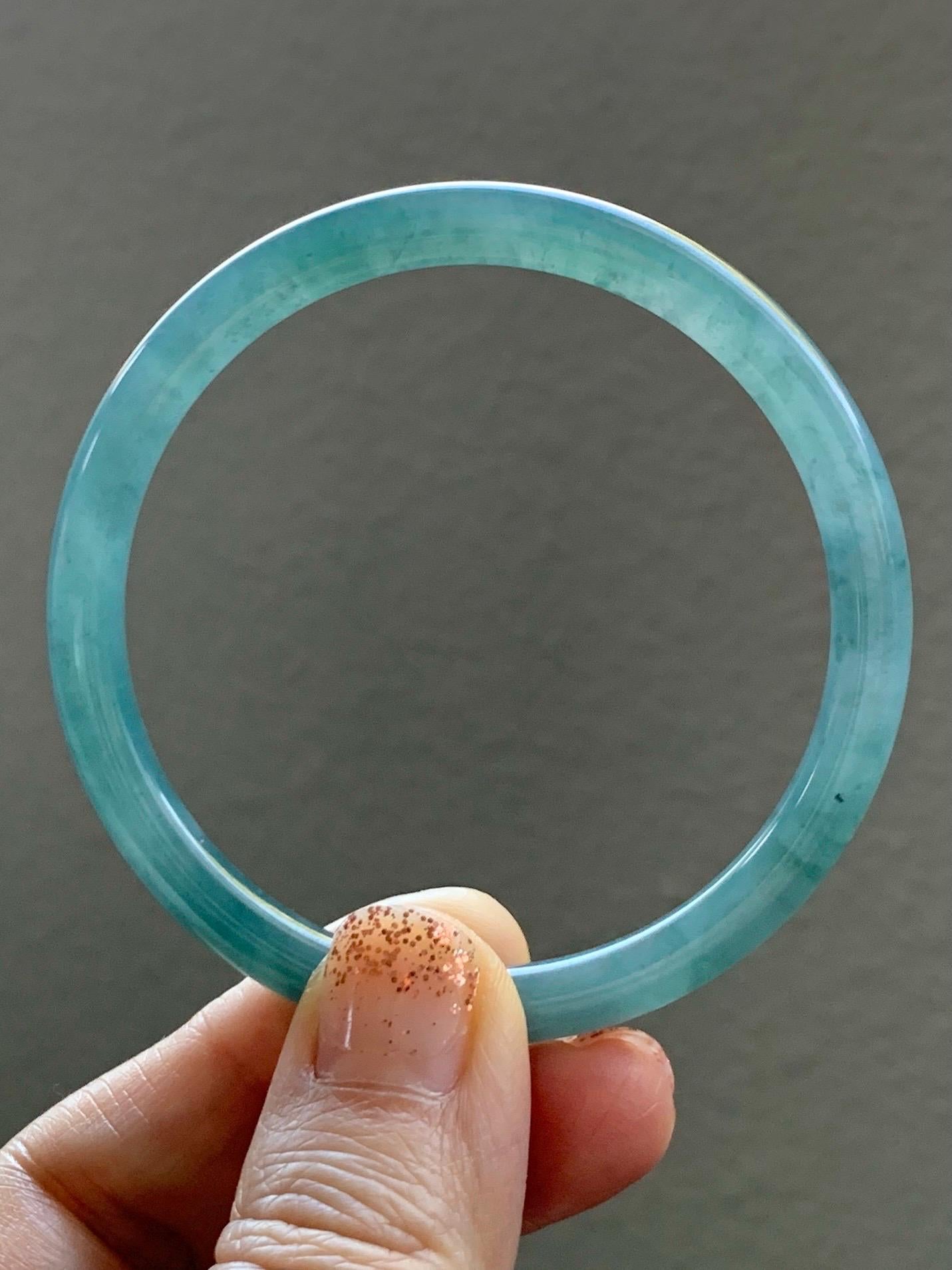 Certified Natural Grade A Guatemalan Icy Translucent Dusty Teal Blue Jade Jadeite Slim Bangle Bracelet 54.3mm 6.7” 天然冰危晴蓝翡翠细圆条手镯 476