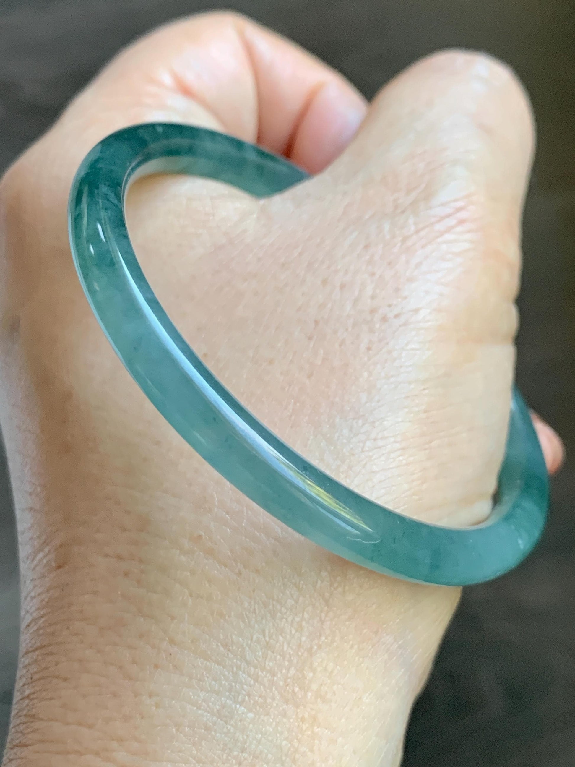 Certified Natural Grade A Guatemalan Icy Translucent Dusty Teal Blue Jade Jadeite Slim Bangle Bracelet 54.93mm 6.79” 天然冰危晴蓝翡翠细圆条手镯 477