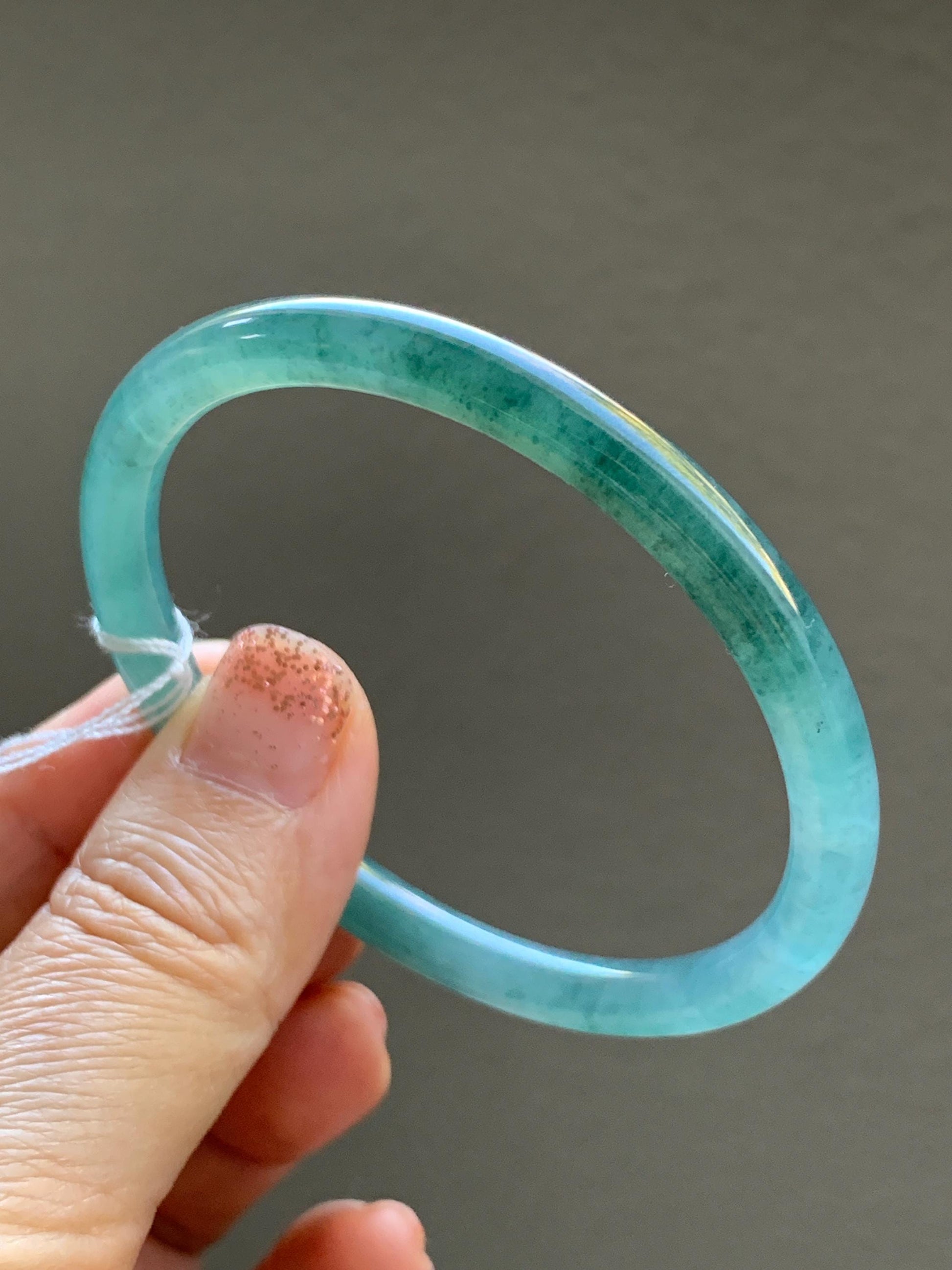 Certified Natural Grade A Guatemalan Icy Translucent Dusty Teal Blue Jade Jadeite Slim Bangle Bracelet 54.93mm 6.79” 天然冰危晴蓝翡翠细圆条手镯 477