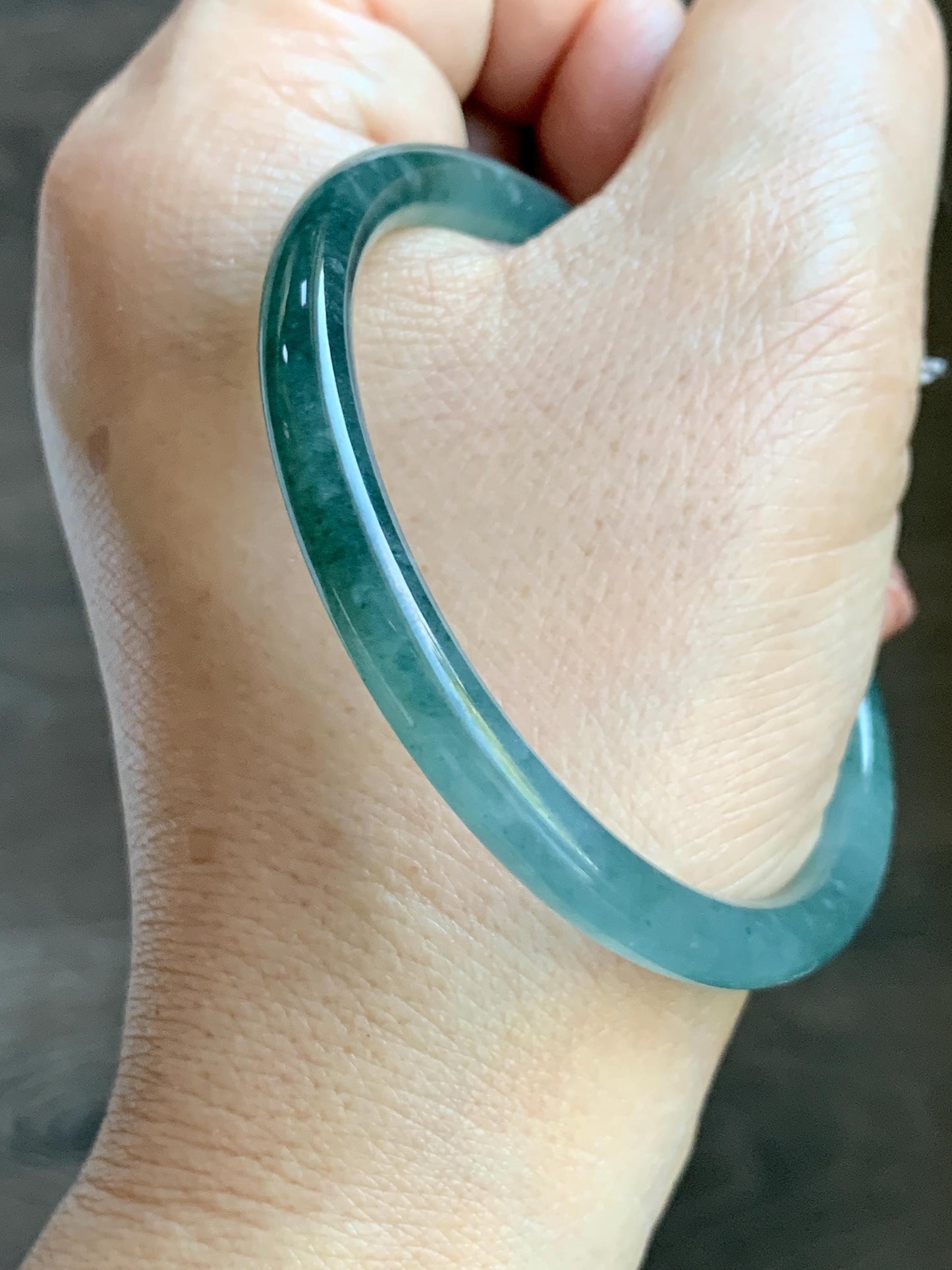 Certified Natural Grade A Guatemalan Icy Translucent Dusty Teal Blue Jade Jadeite Slim Bangle Bracelet 54.93mm 6.79” 天然冰危晴蓝翡翠细圆条手镯 477