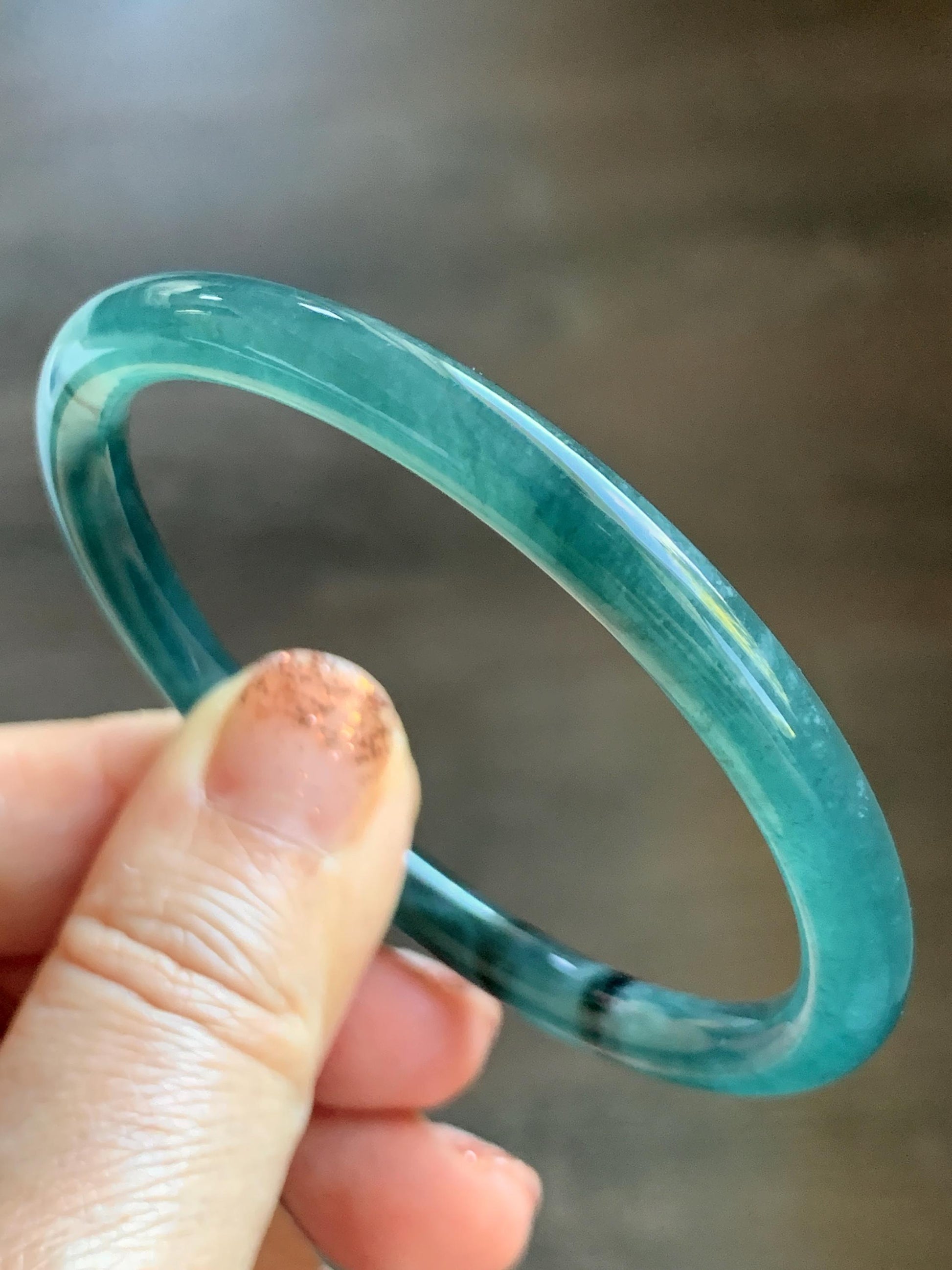 Certified Natural Grade A Guatemalan Icy Translucent Intense Teal Green Jade Jadeite Bangle Bracelet 55.7mm 6.88” 19g 天然冰危深蓝绿翡翠细圆条手镯 468