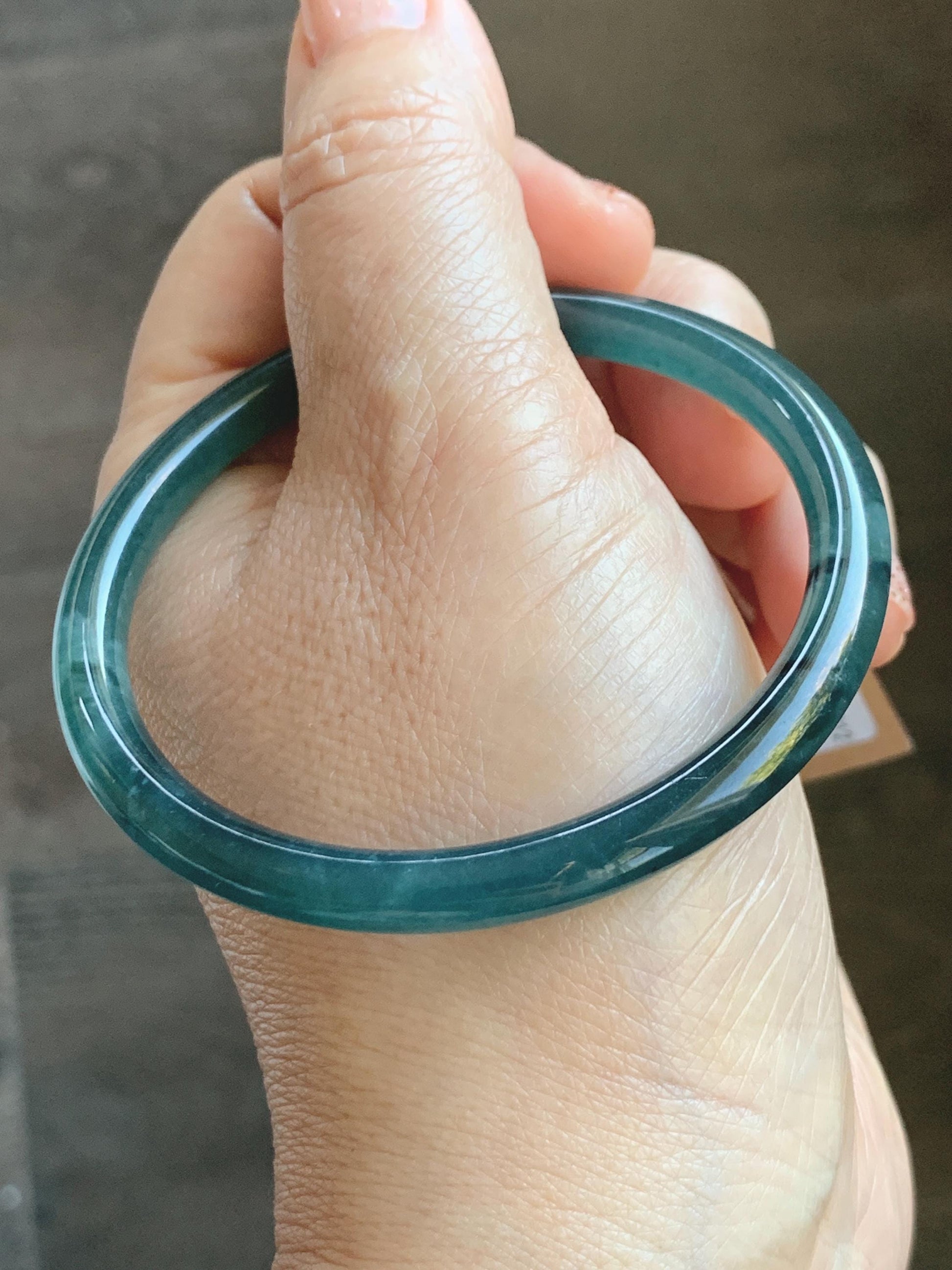Certified Natural Grade A Guatemalan Icy Translucent Intense Teal Green Jade Jadeite Bangle Bracelet 55.7mm 6.88” 19g 天然冰危深蓝绿翡翠细圆条手镯 468