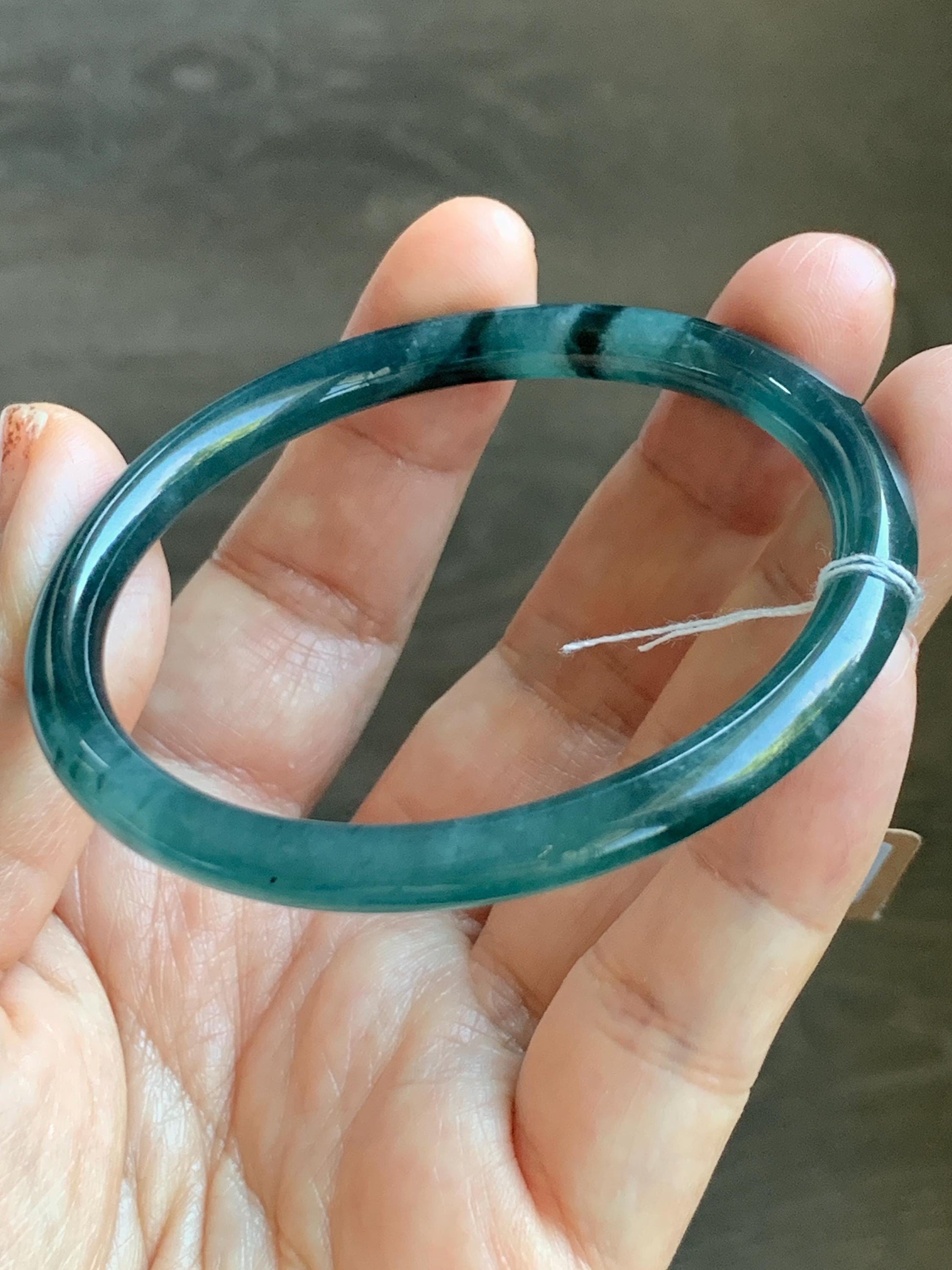 Certified Natural Grade A Guatemalan Icy Translucent Intense Teal Green Jade Jadeite Bangle Bracelet 55.7mm 6.88” 19g 天然冰危深蓝绿翡翠细圆条手镯 468
