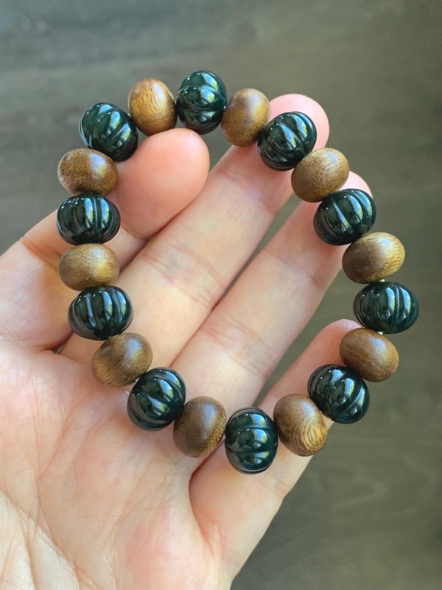 Natural Grade A Guatemalan Icy Translucent Dark Teal Blue Jade Jadeite Pumpkin Beads & Wood Beads Beaded Bracelet 6.5" 天然冰危深蓝翡翠南瓜珠木珠手串NGZ