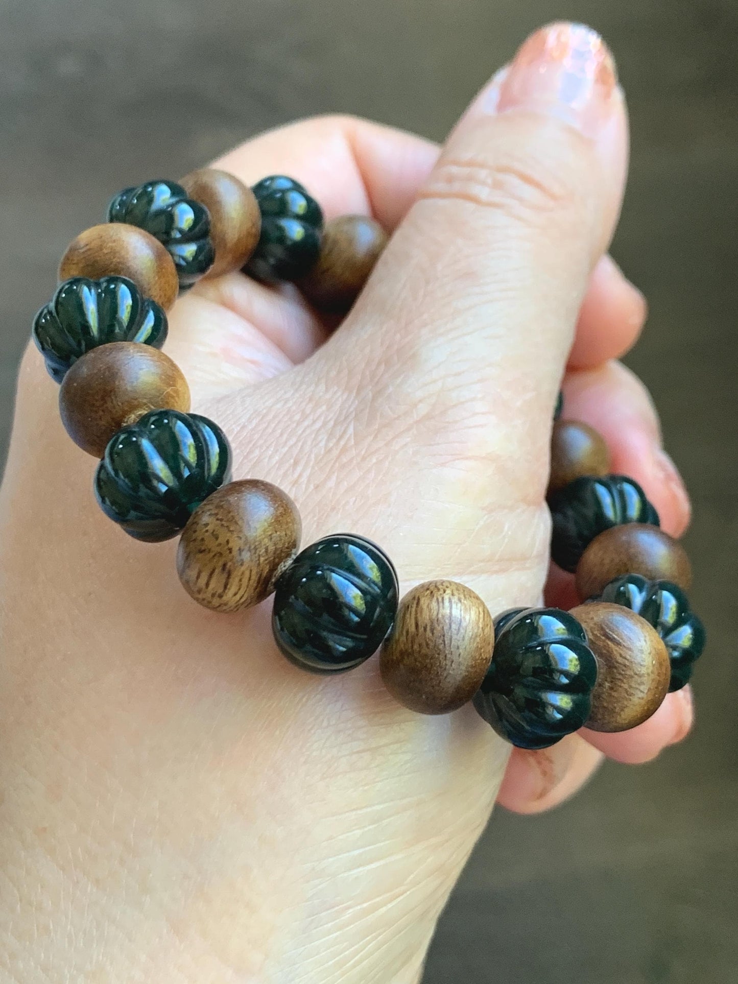 Natural Grade A Guatemalan Icy Translucent Dark Teal Blue Jade Jadeite Pumpkin Beads & Wood Beads Beaded Bracelet 6.5" 天然冰危深蓝翡翠南瓜珠木珠手串NGZ