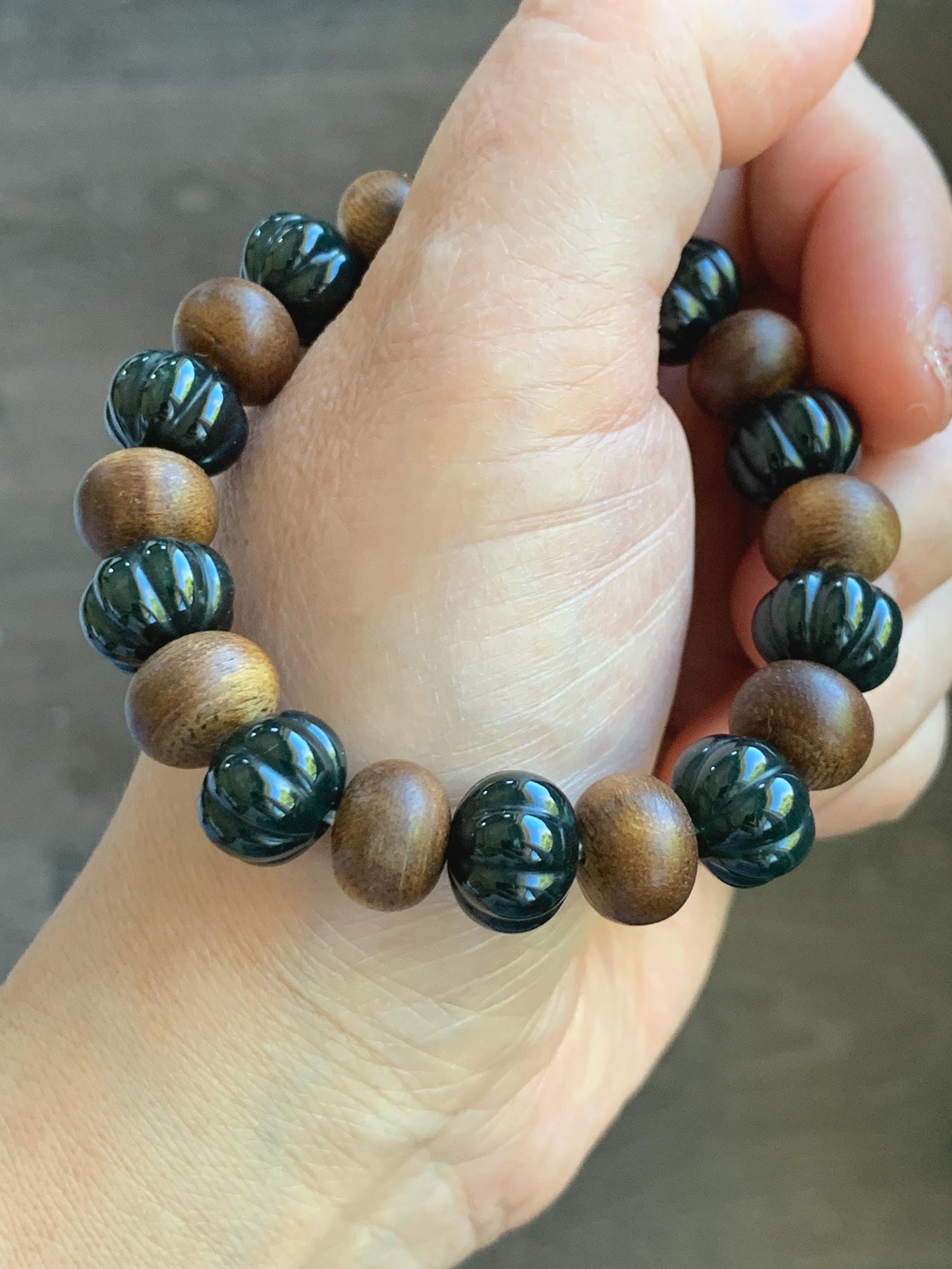 Natural Grade A Guatemalan Icy Translucent Dark Teal Blue Jade Jadeite Pumpkin Beads & Wood Beads Beaded Bracelet 6.5" 天然冰危深蓝翡翠南瓜珠木珠手串NGZ