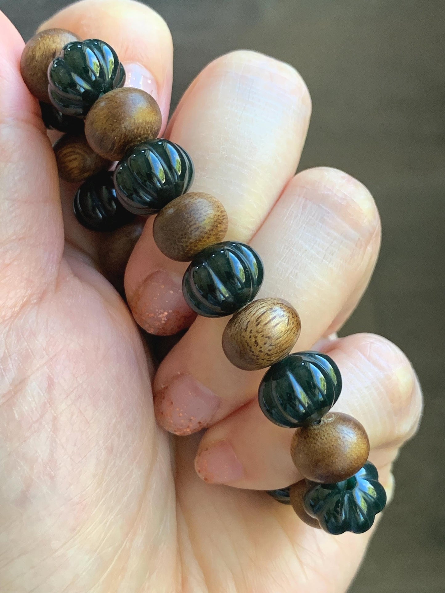 Natural Grade A Guatemalan Icy Translucent Dark Teal Blue Jade Jadeite Pumpkin Beads & Wood Beads Beaded Bracelet 6.5" 天然冰危深蓝翡翠南瓜珠木珠手串NGZ