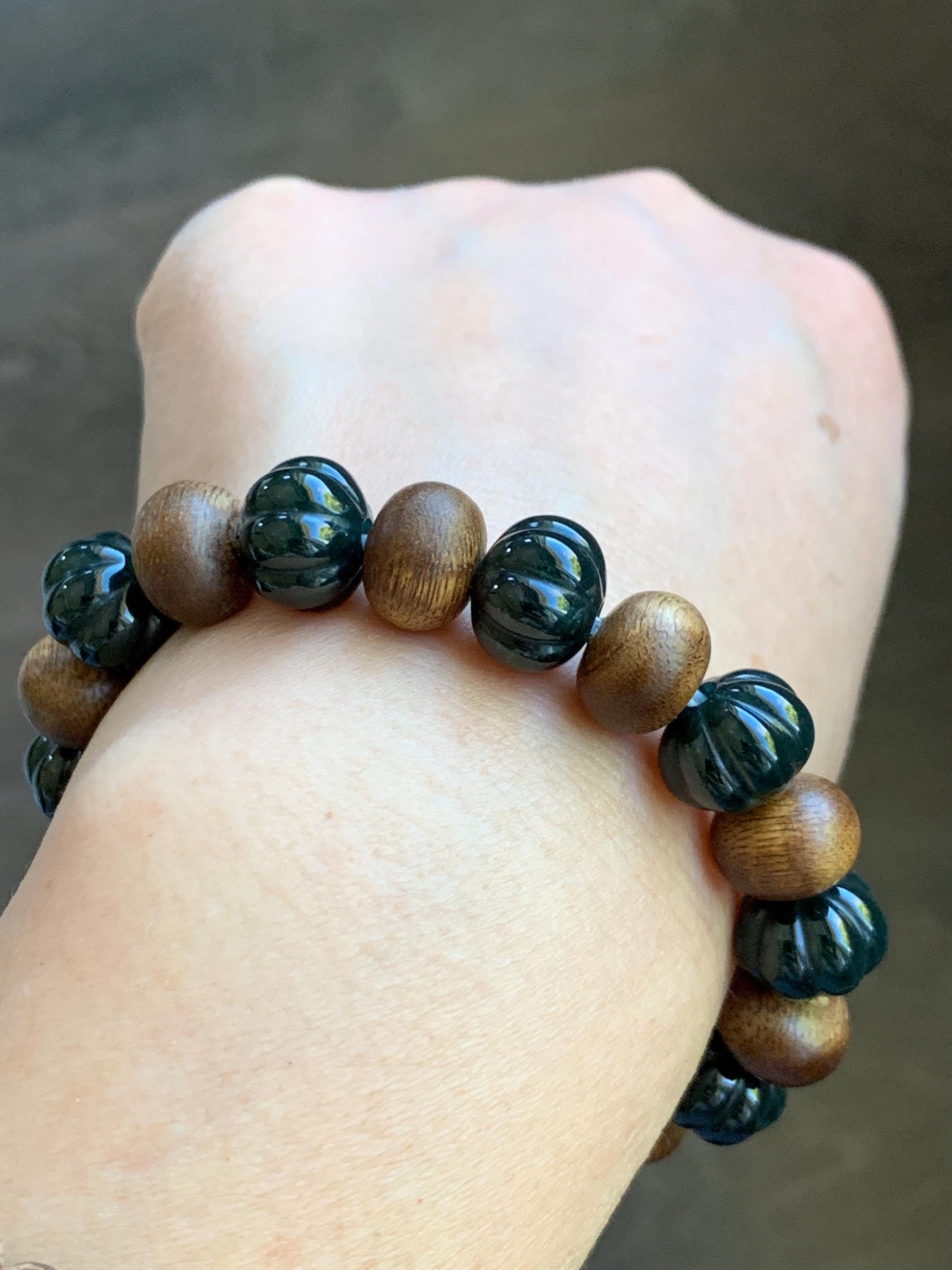 Natural Grade A Guatemalan Icy Translucent Dark Teal Blue Jade Jadeite Pumpkin Beads & Wood Beads Beaded Bracelet 6.5" 天然冰危深蓝翡翠南瓜珠木珠手串NGZ