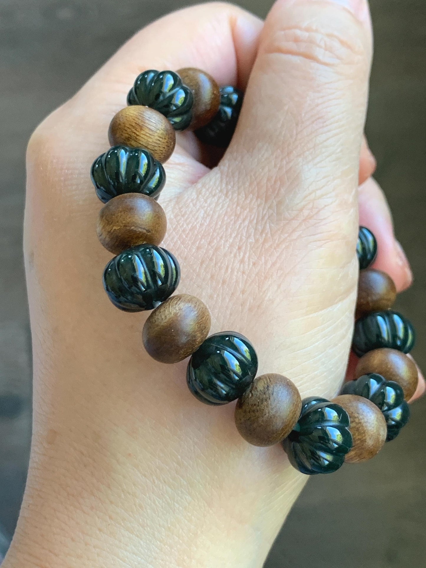 Natural Grade A Guatemalan Icy Translucent Dark Teal Blue Jade Jadeite Pumpkin Beads & Wood Beads Beaded Bracelet 6.5" 天然冰危深蓝翡翠南瓜珠木珠手串NGZ