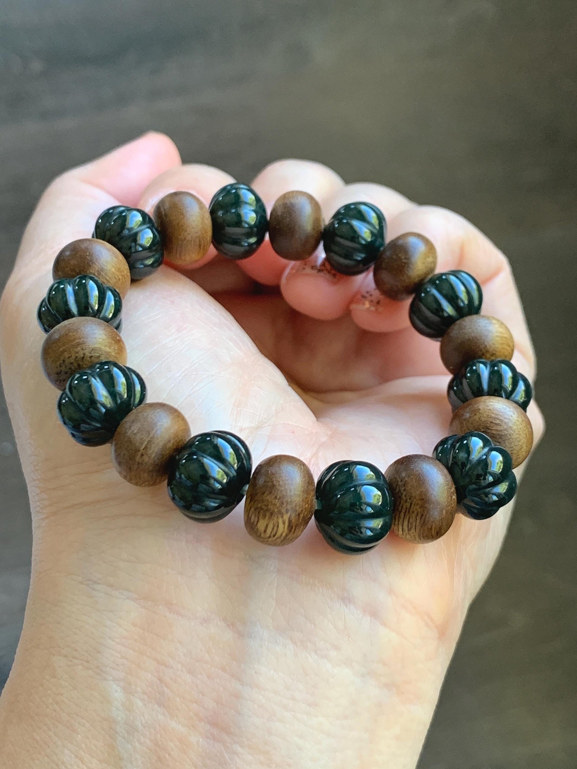 Natural Grade A Guatemalan Icy Translucent Dark Teal Blue Jade Jadeite Pumpkin Beads & Wood Beads Beaded Bracelet 6.5" 天然冰危深蓝翡翠南瓜珠木珠手串NGZ