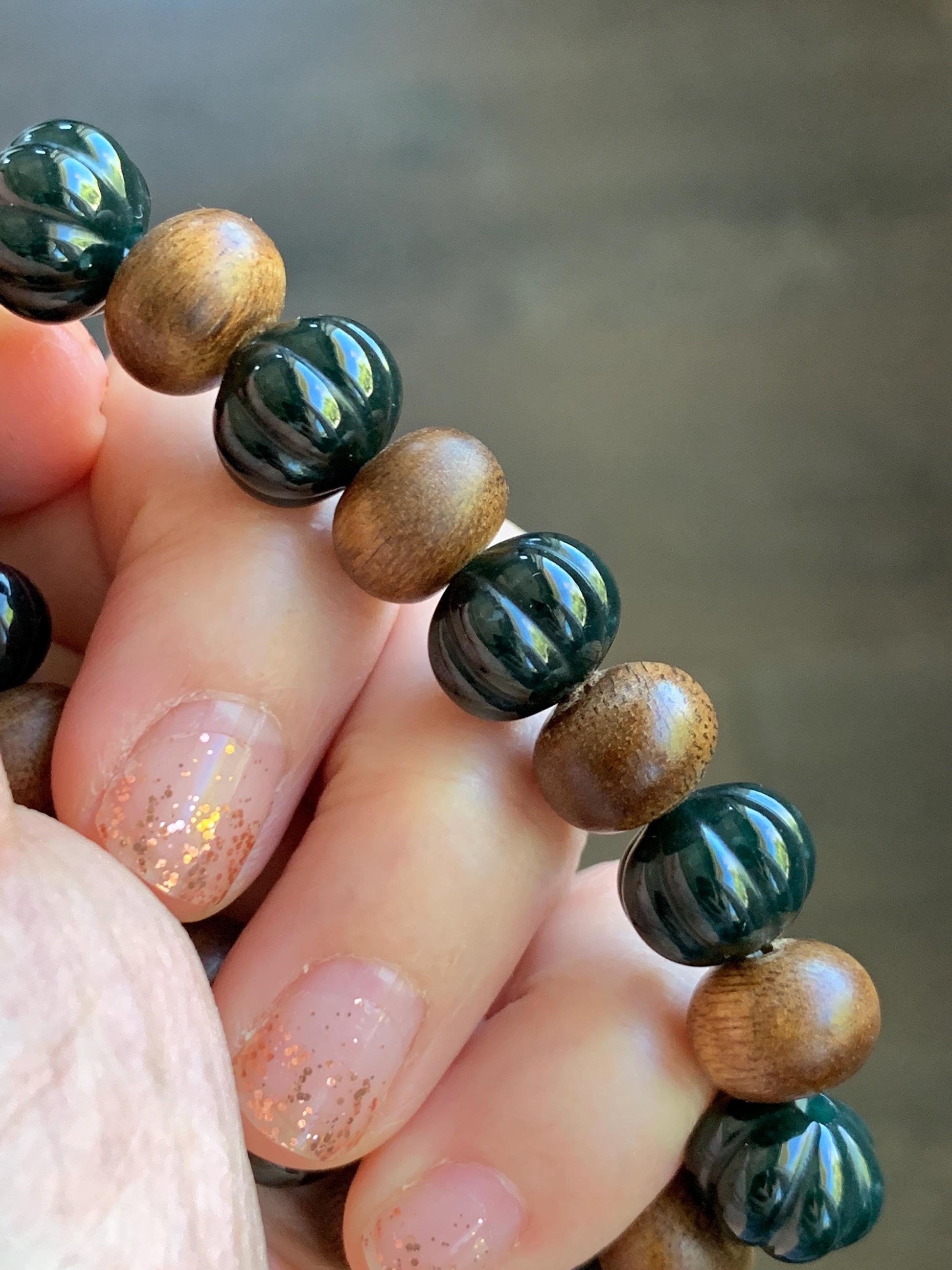Natural Grade A Guatemalan Icy Translucent Dark Teal Blue Jade Jadeite Pumpkin Beads & Wood Beads Beaded Bracelet 6.5" 天然冰危深蓝翡翠南瓜珠木珠手串NGZ