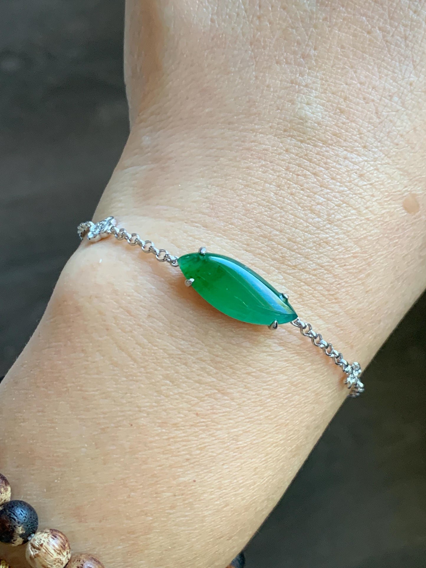 Certified Natural Grade A Guatemalan Icy Translucent Vibrant Green Horse Eye Jade Jadeite Bracelet Sterling Silver 6.25”-7.5” 天然冰危绿翡翠马眼手链164