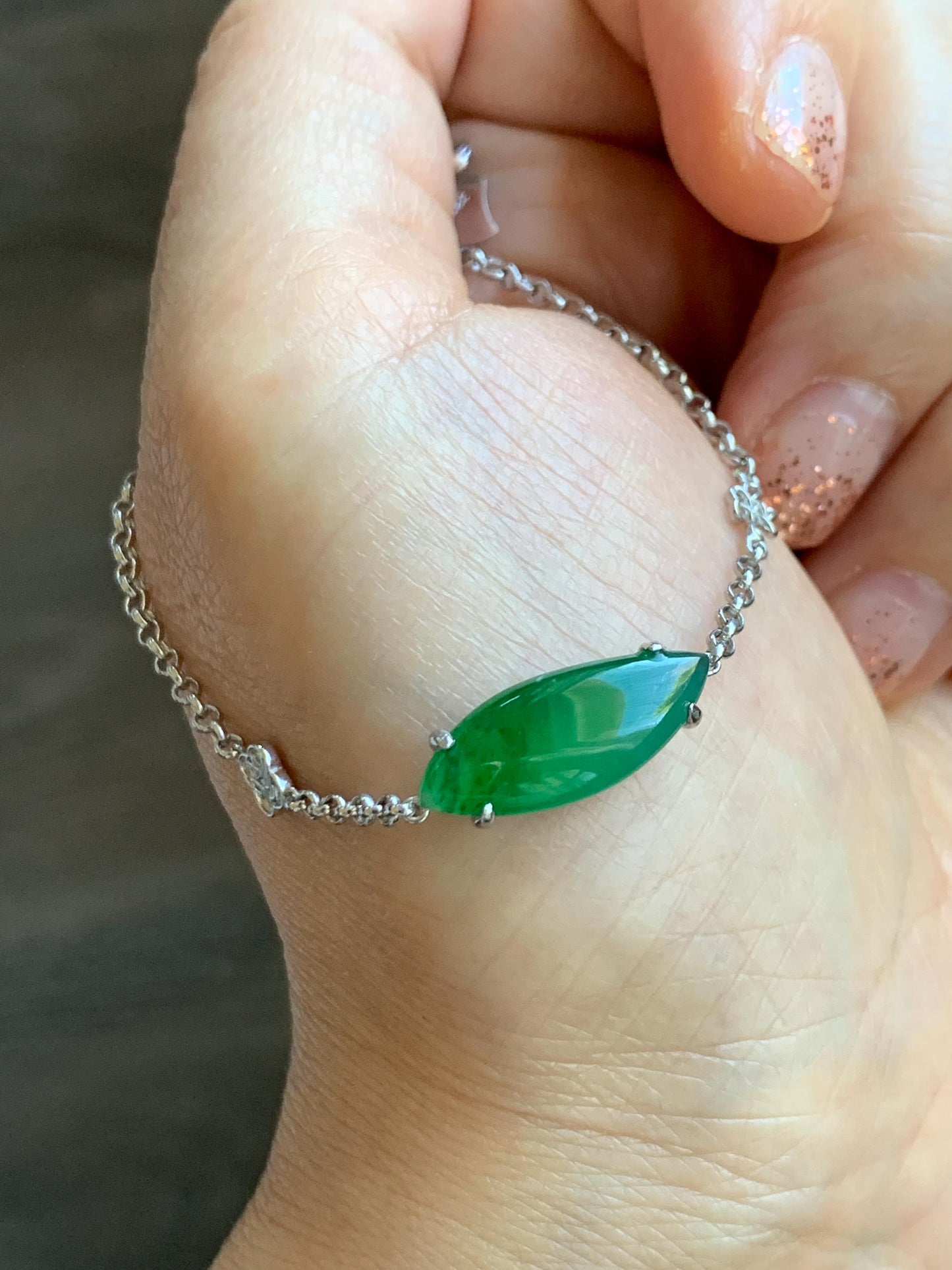 Certified Natural Grade A Guatemalan Icy Translucent Vibrant Green Horse Eye Jade Jadeite Bracelet Sterling Silver 6.25”-7.5” 天然冰危绿翡翠马眼手链164