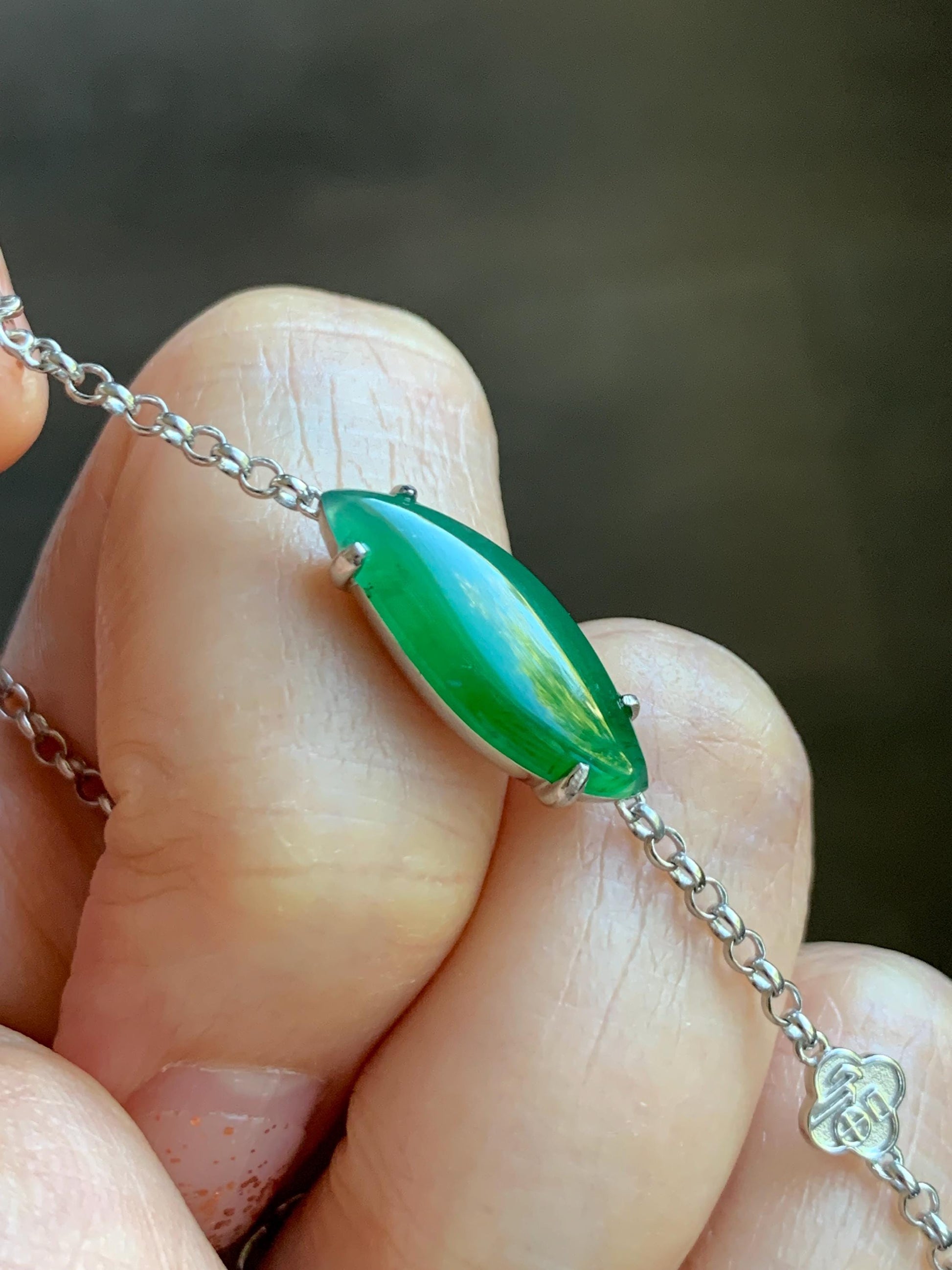 Certified Natural Grade A Guatemalan Icy Translucent Vibrant Green Horse Eye Jade Jadeite Bracelet Sterling Silver 6.25”-7.5” 天然冰危绿翡翠马眼手链164