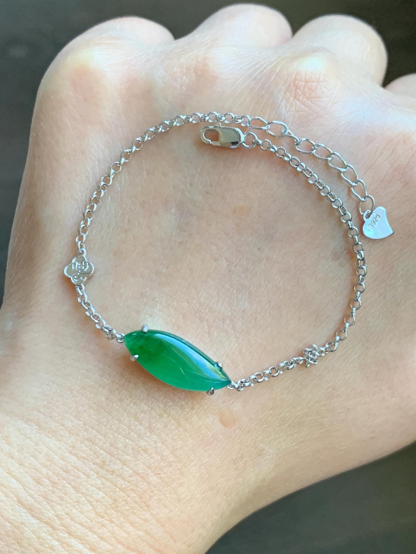 Certified Natural Grade A Guatemalan Icy Translucent Vibrant Green Horse Eye Jade Jadeite Bracelet Sterling Silver 6.25”-7.5” 天然冰危绿翡翠马眼手链164