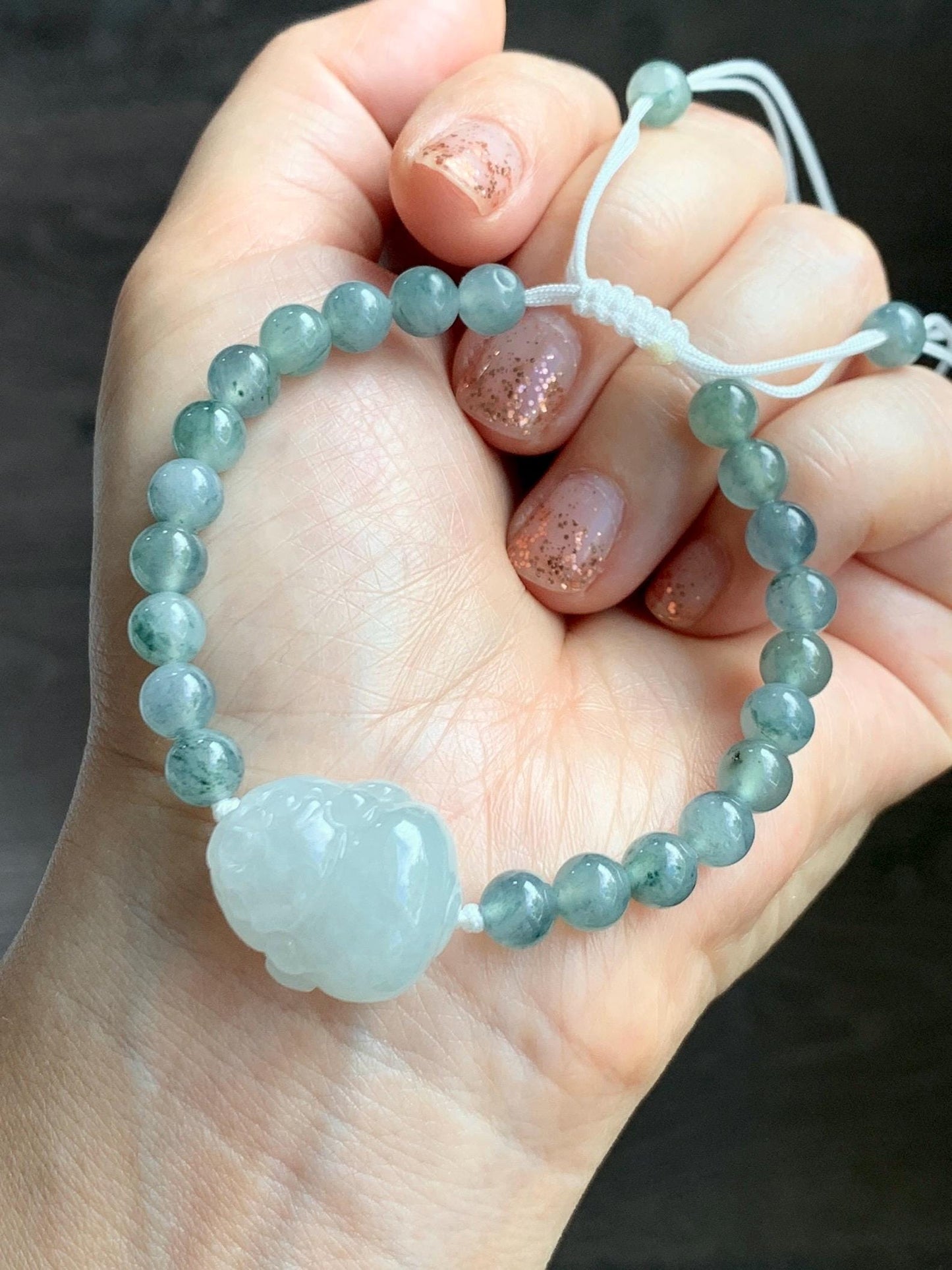 Natural Grade A Icy Translucent Pastel Green Jade Jadeite Carved Three-legged Toad Beaded Bracelet 6.5” 18g 天然糯冰淡绿底翡翠肥三脚金蟾手串 BSJ216