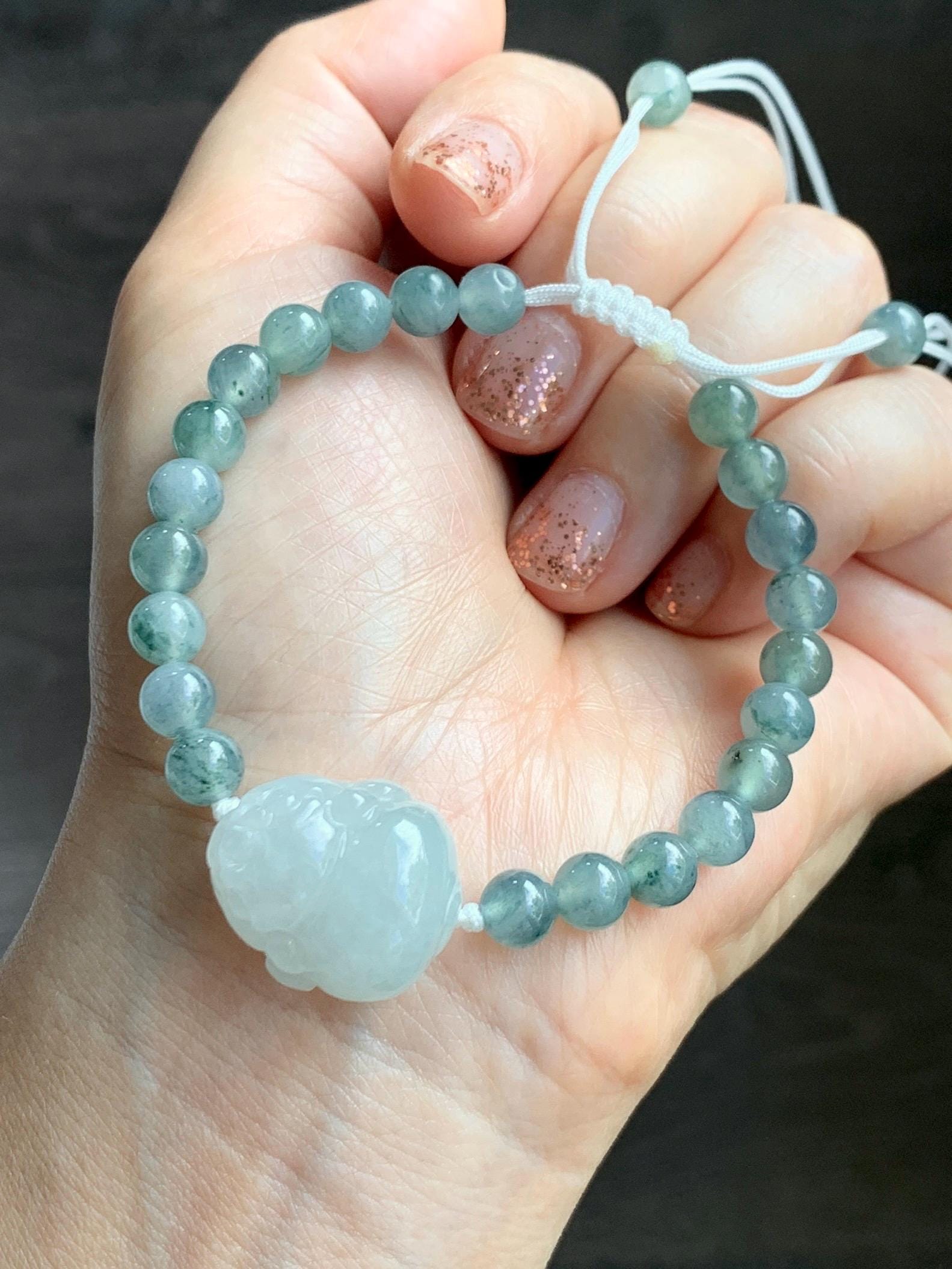 Natural Grade A Icy Translucent Pastel Green Jade Jadeite Carved Three-legged Toad Beaded Bracelet 6.5” 18g 天然糯冰淡绿底翡翠肥三脚金蟾手串 BSJ216