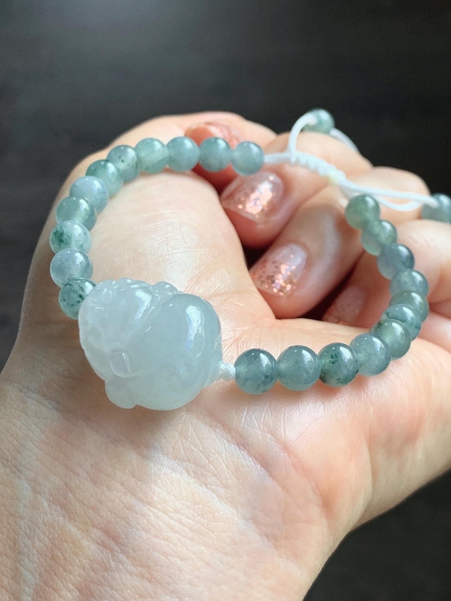 Natural Grade A Icy Translucent Pastel Green Jade Jadeite Carved Three-legged Toad Beaded Bracelet 6.5” 18g 天然糯冰淡绿底翡翠肥三脚金蟾手串 BSJ216