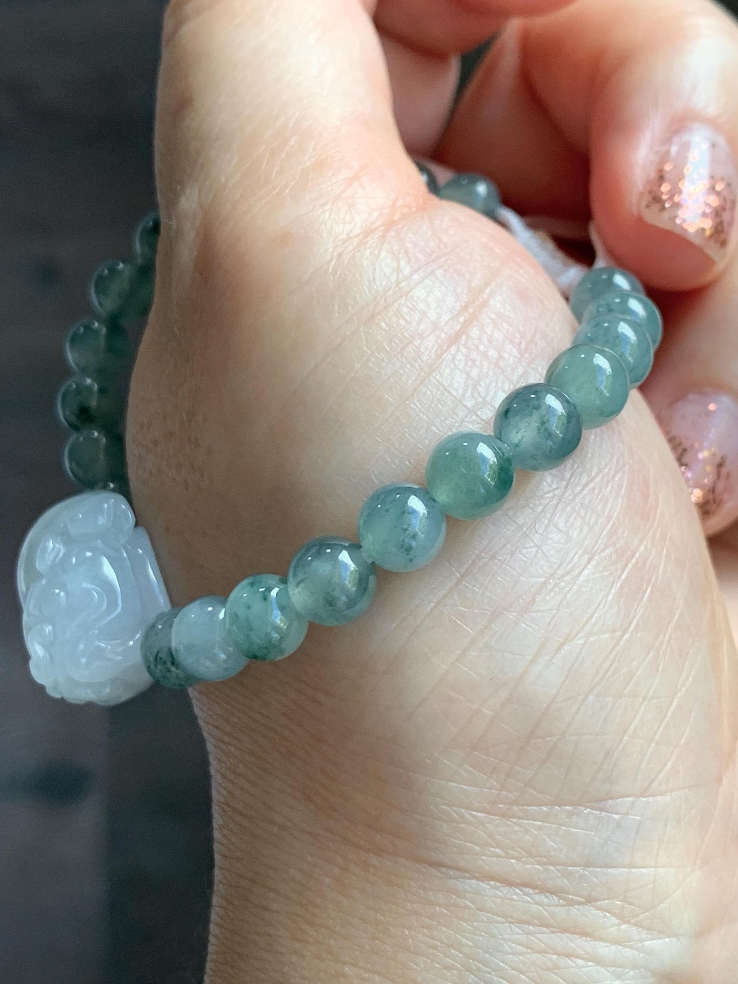 Natural Grade A Icy Translucent Pastel Green Jade Jadeite Carved Three-legged Toad Beaded Bracelet 6.5” 18g 天然糯冰淡绿底翡翠肥三脚金蟾手串 BSJ216