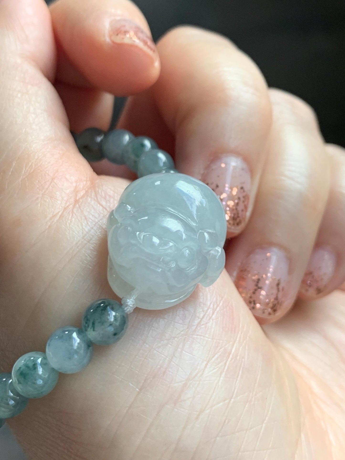 Natural Grade A Icy Translucent Pastel Green Jade Jadeite Carved Three-legged Toad Beaded Bracelet 6.5” 18g 天然糯冰淡绿底翡翠肥三脚金蟾手串 BSJ216